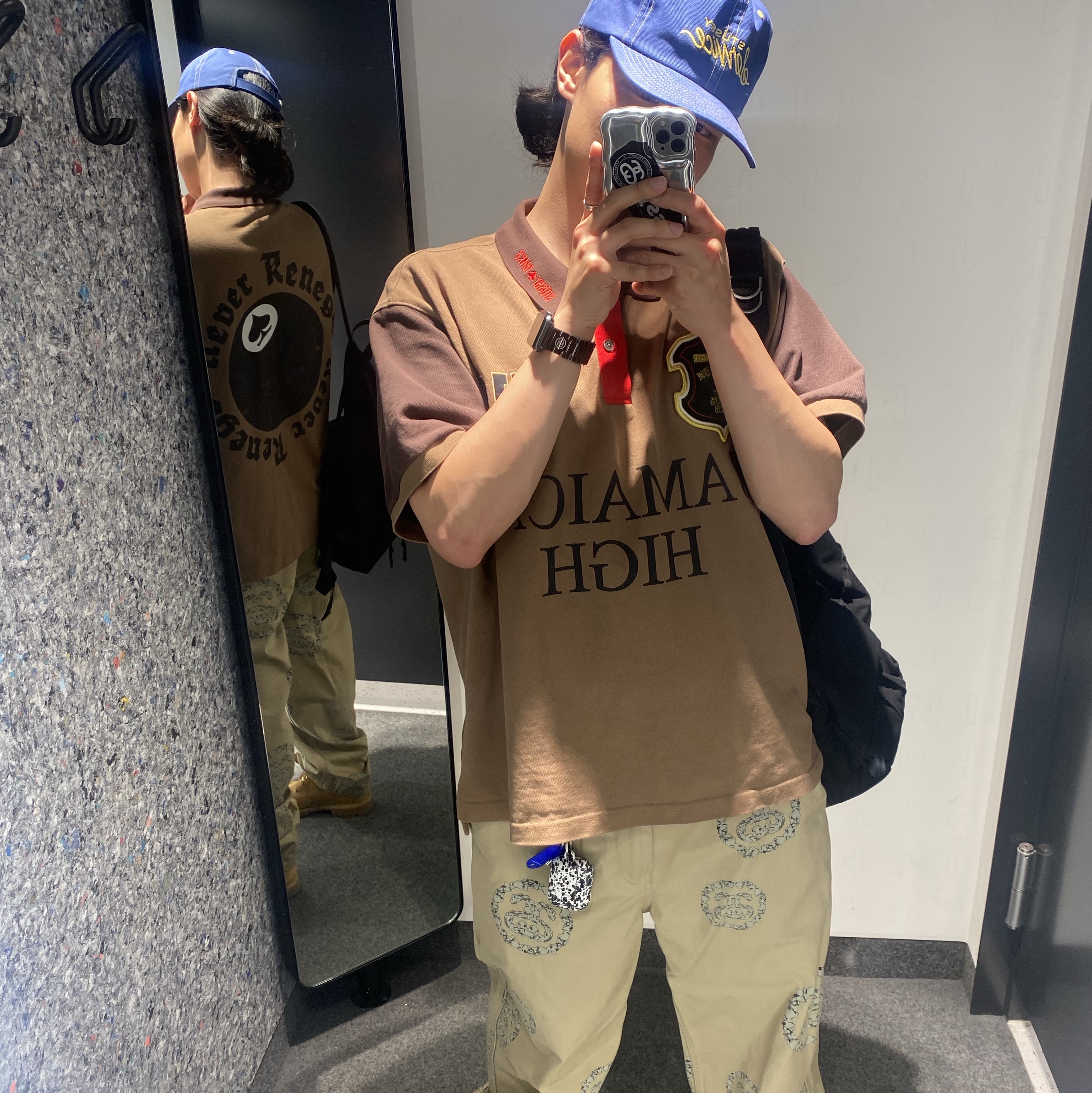 Stussy x Denim Tears Pique Polo Brown, Stussy x Denim Tears SS Wreath Chino Khaki 착용 스타일