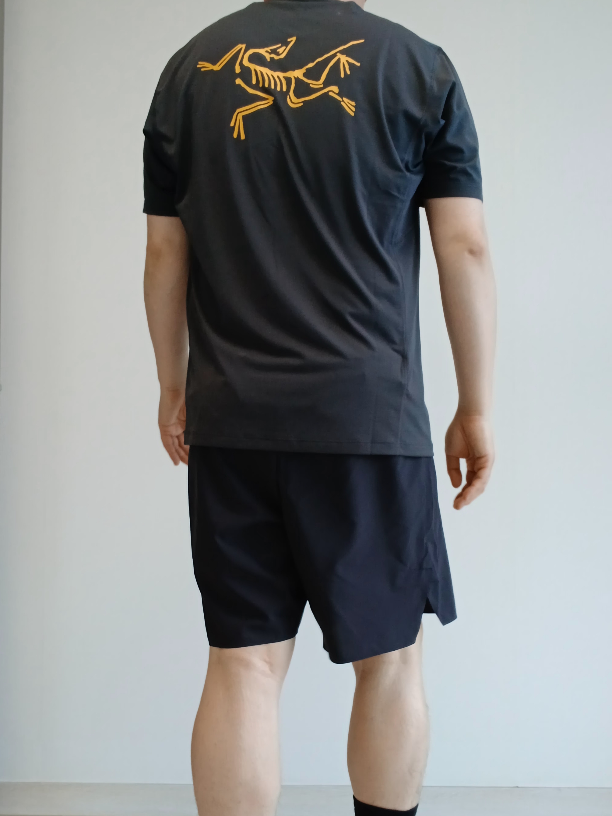Arc'teryx Motus Arcword Crew SS T-Shirt Black Heather, Arc'teryx Norvan Liner 7 Inch Shorts Black 착용 스타일 - 4