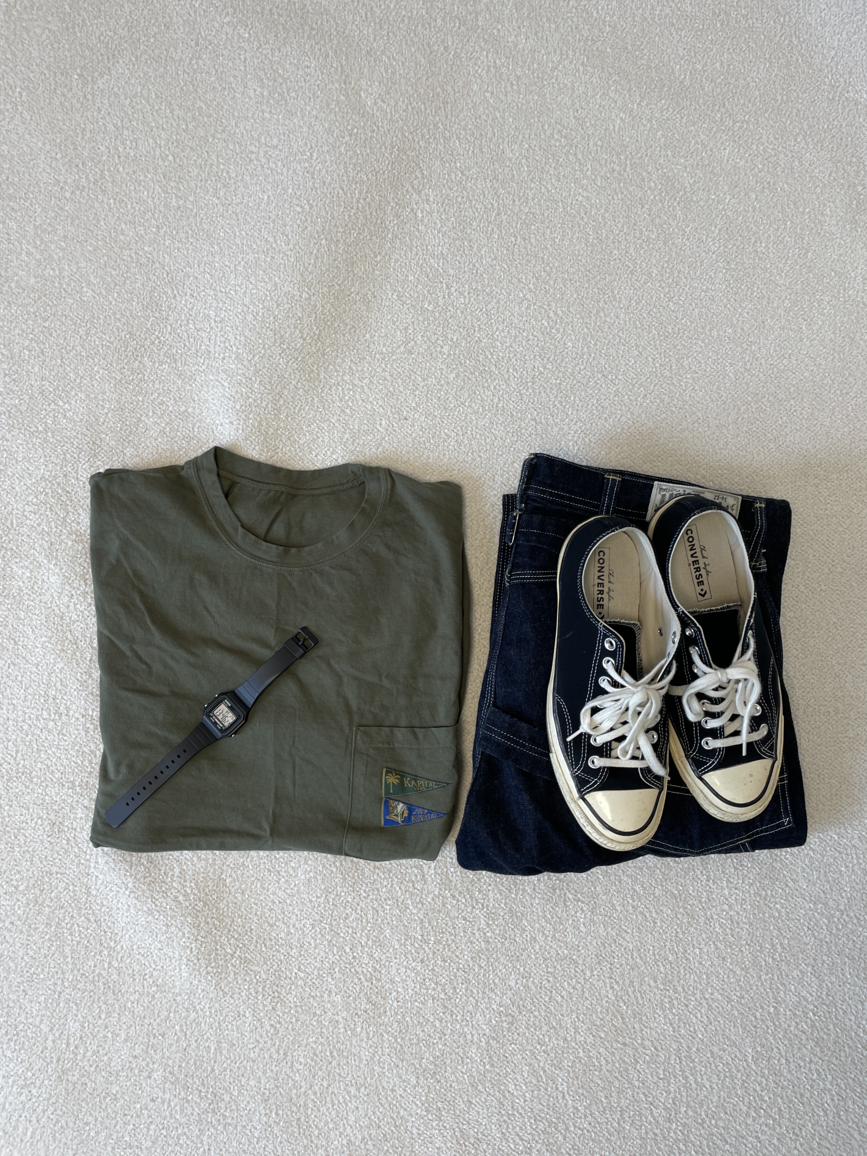 Converse Chuck 70 Ox Black - Standard, Kapital 20 Jersey Pennant T-Shirt 4 Flags Khaki 착용 스타일 - 1