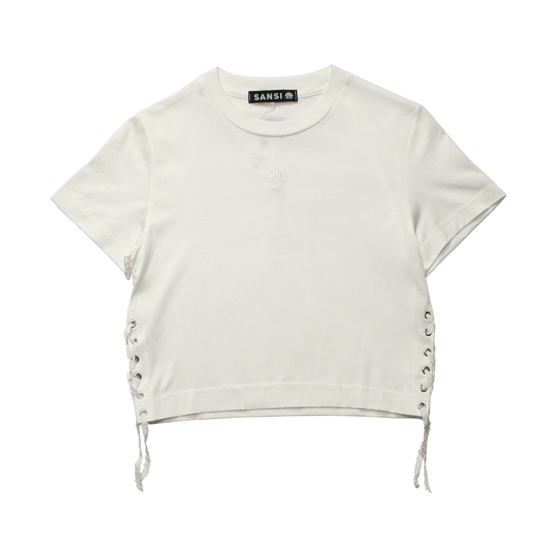 산시 산시 쉘로고 레이스 크롭 티셔츠 화이트(SANSI Shell Logo Lace Crop T-Shirts White)