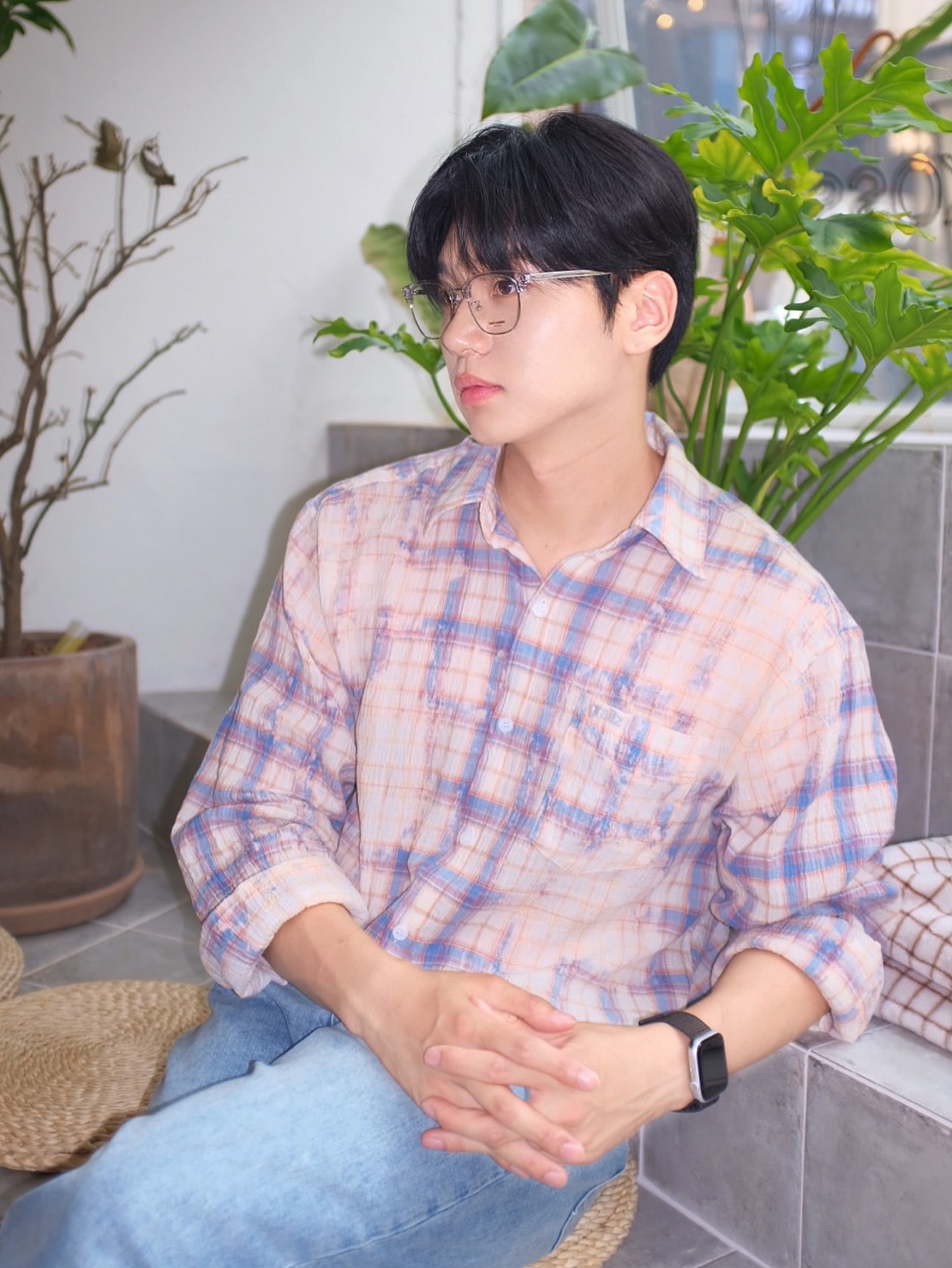GRAILZ Bleached Plaid Summer Shirts Blue 착용 스타일 - 1