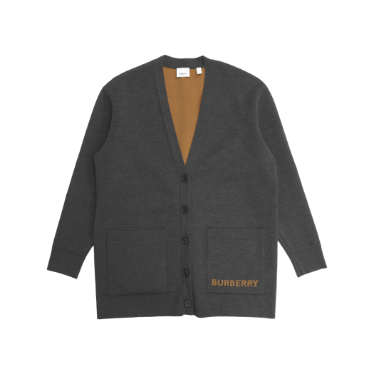 IT7D48FJB5OC Burberry Logo Embroidered V-Neck Long Cardigan in Charcoal Polyurethane