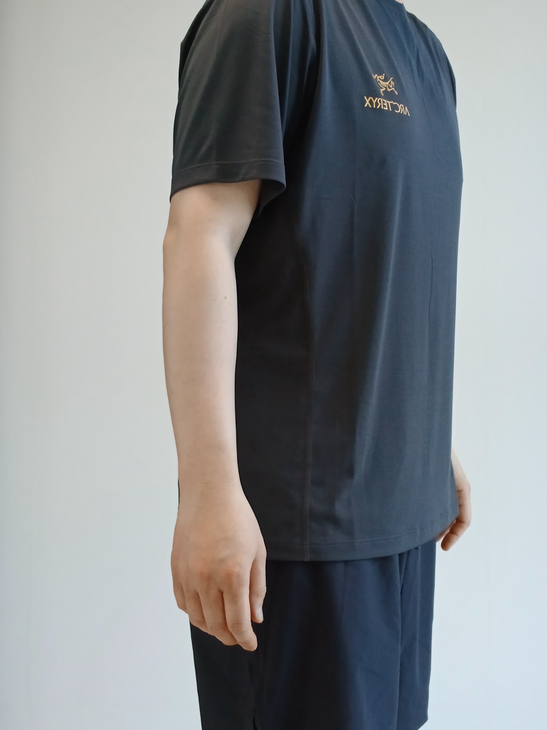 Arc'teryx Motus Arcword Crew SS T-Shirt Black Heather, Arc'teryx Norvan Liner 7 Inch Shorts Black 착용 스타일 - 5