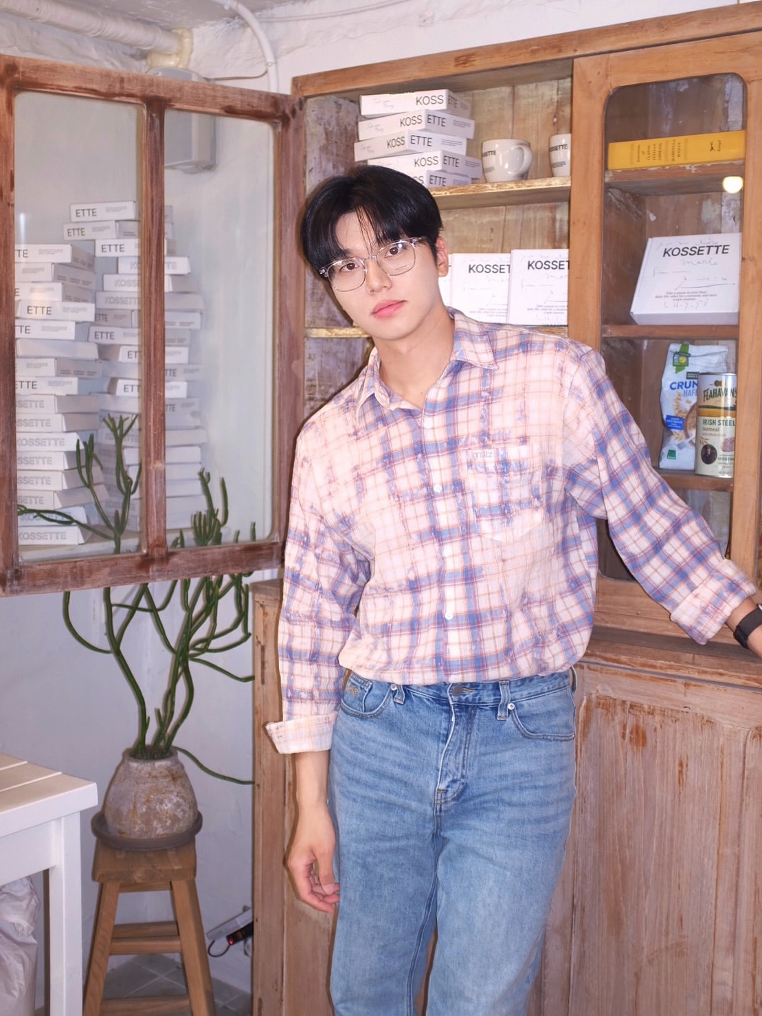 GRAILZ Bleached Plaid Summer Shirts Blue 착용 스타일 - 3