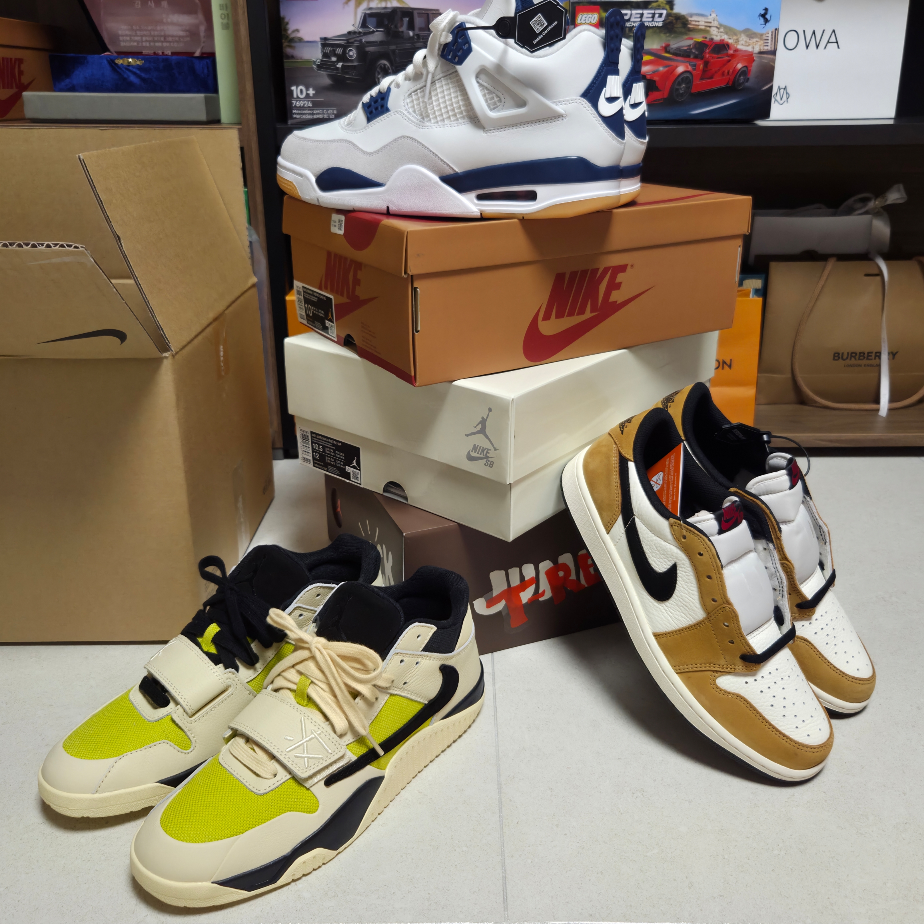 Jordan 1 Low OG Sail and Golden Harvest, Jordan x Travis Scott Jumpman Jack TR Bright Cactus 착용 스타일