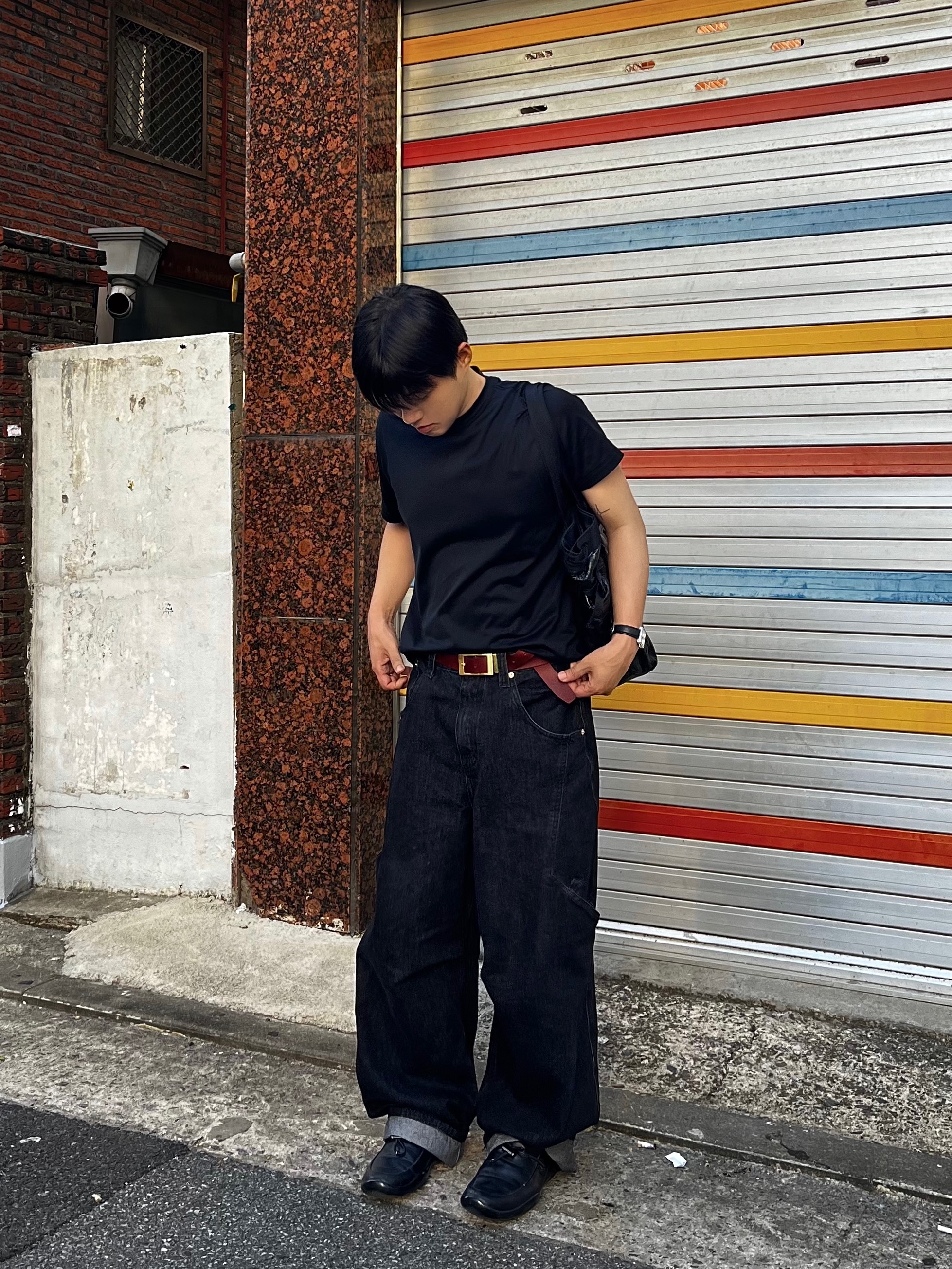 noun Side Line Cargo Denim Pants Black, noun Oil Pull up Leather Belt 착용 스타일 - 1