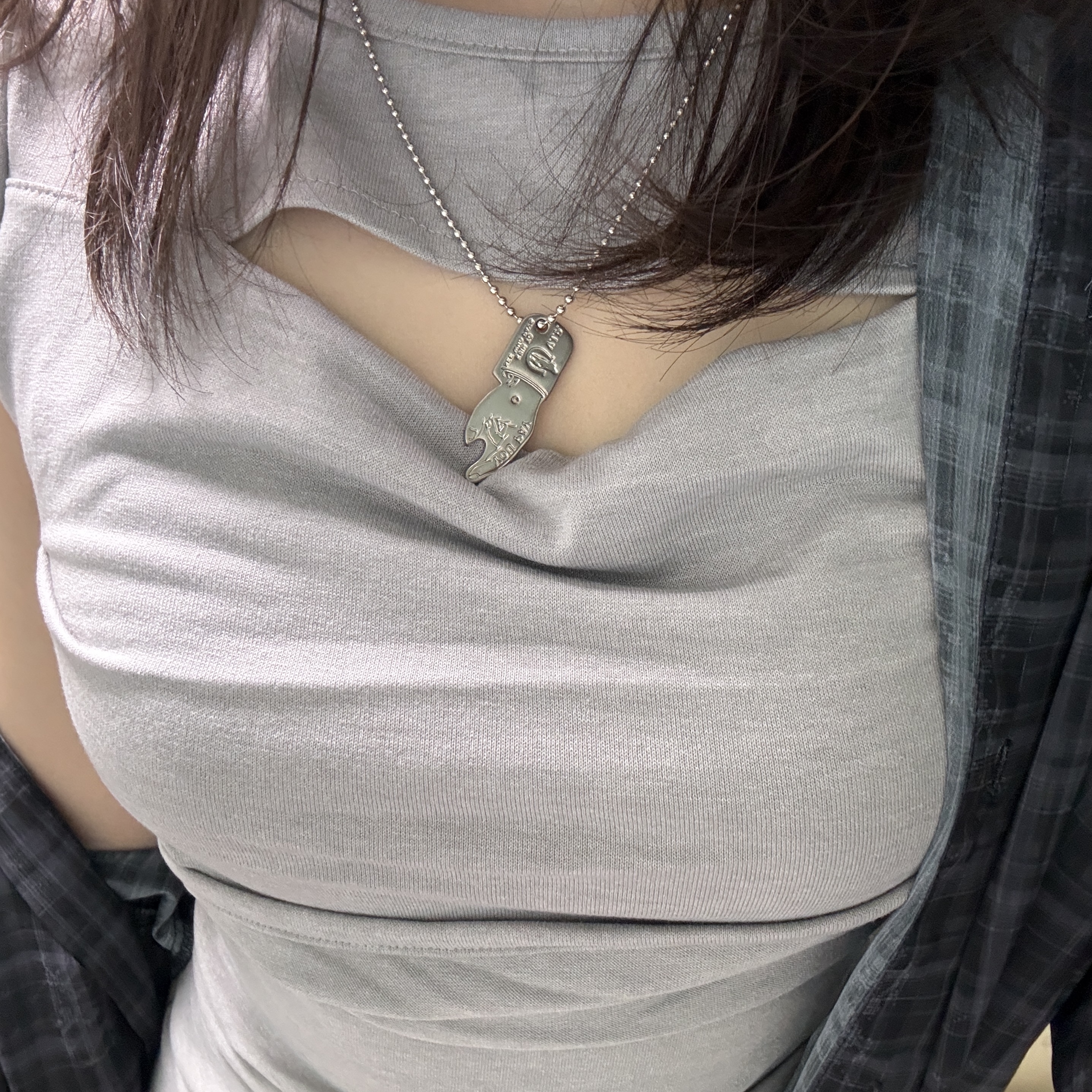 Hysteric Glamour You Pay Necklace Silver, OJOS Over Check Shirts Black 착용 스타일