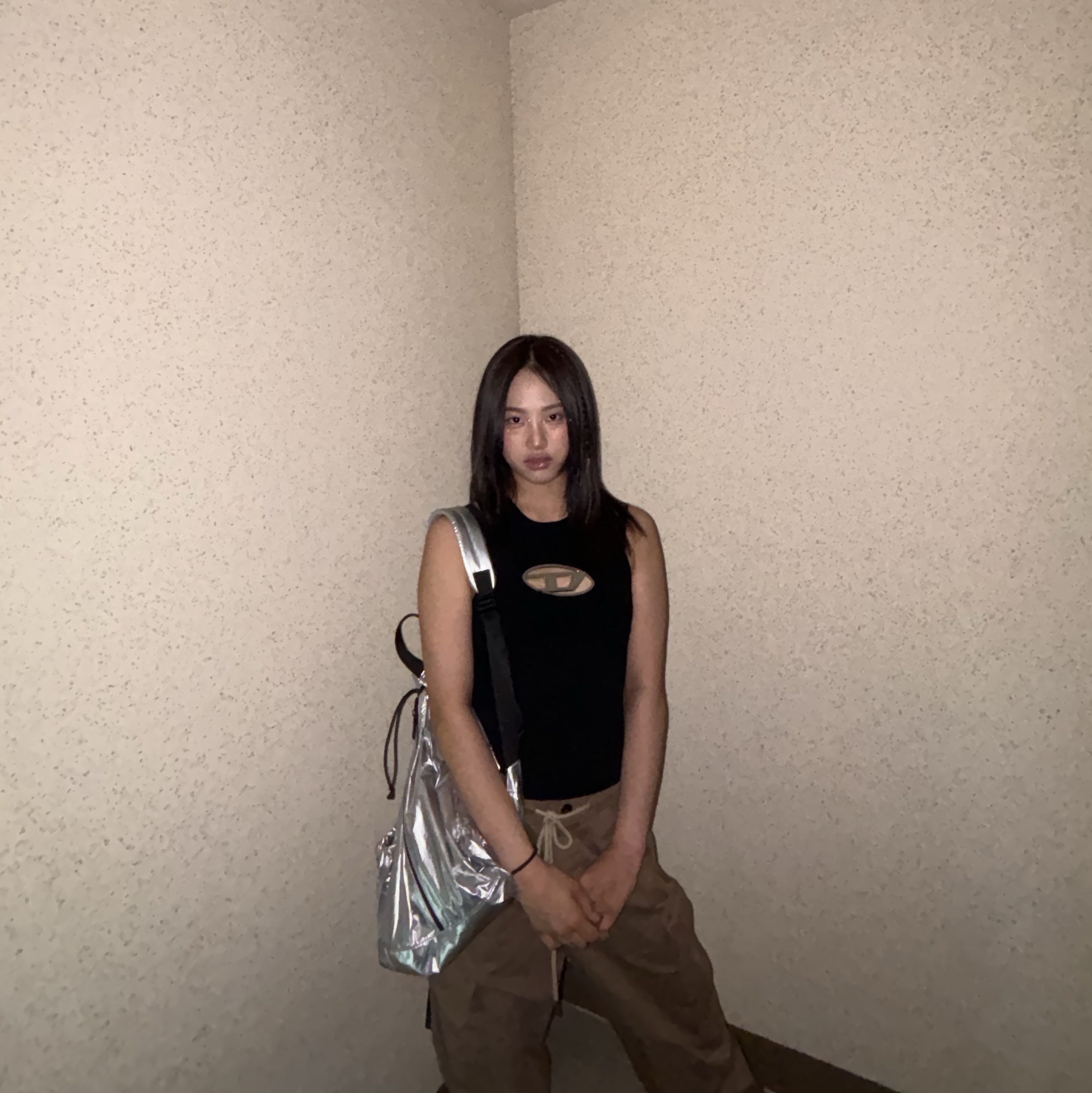 (W) Diesel M-Onerva-Top Cut-Out Knit Top with Logo Plaque Black Black 착용 스타일 - 1