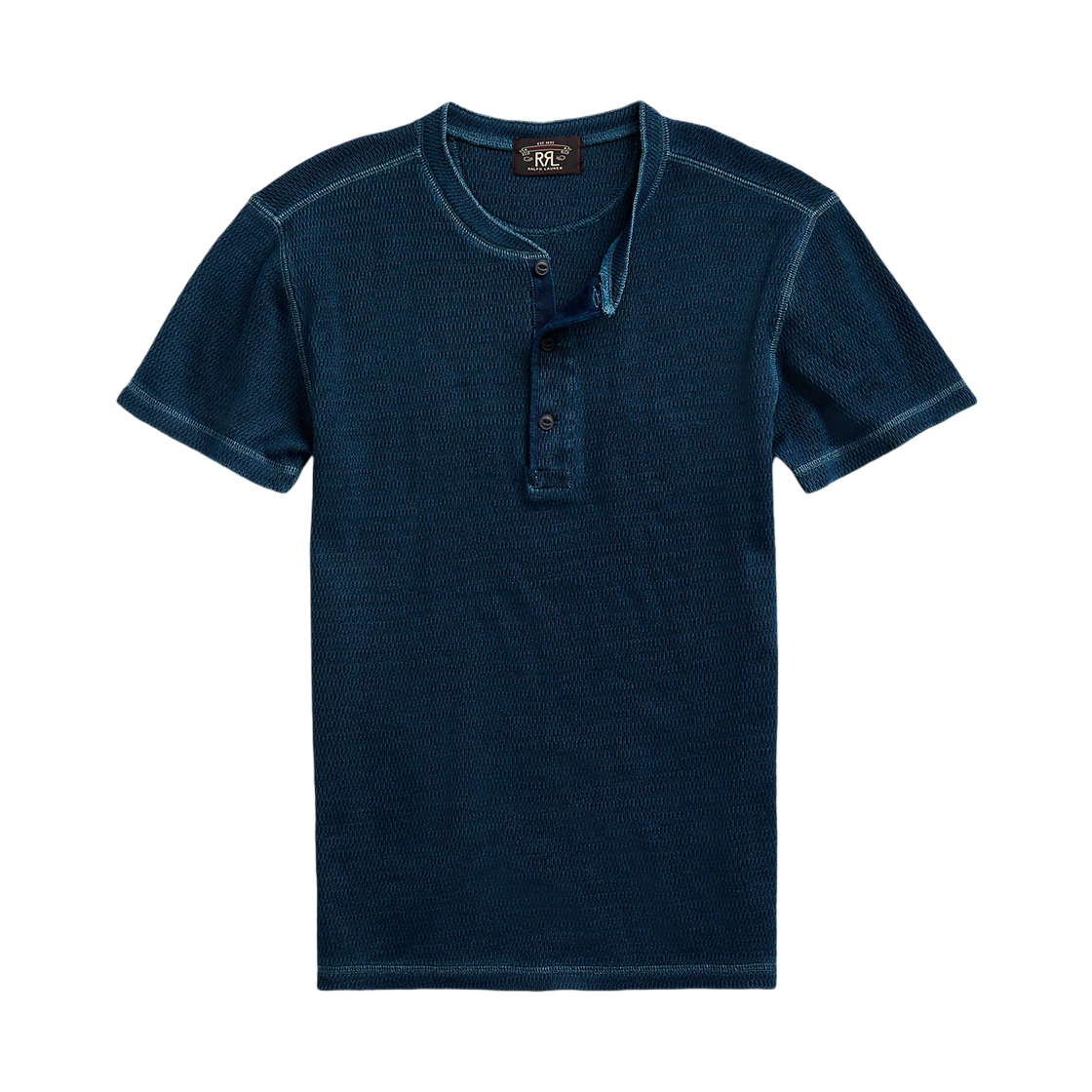 516545 Double RL Waffle Knit Short Sleeve Henley Shirt Rinse Blue Indigo