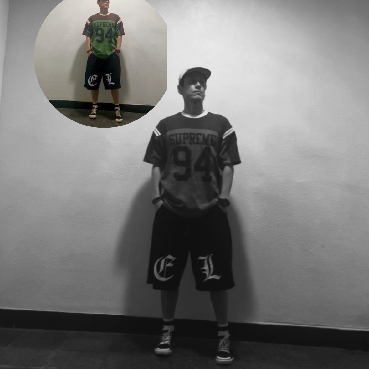 Supreme Split S/S Football Top Green - 25SS, Supreme Washed Chino Twill Camp Cap Desert Camo - 24SS 착용 스타일