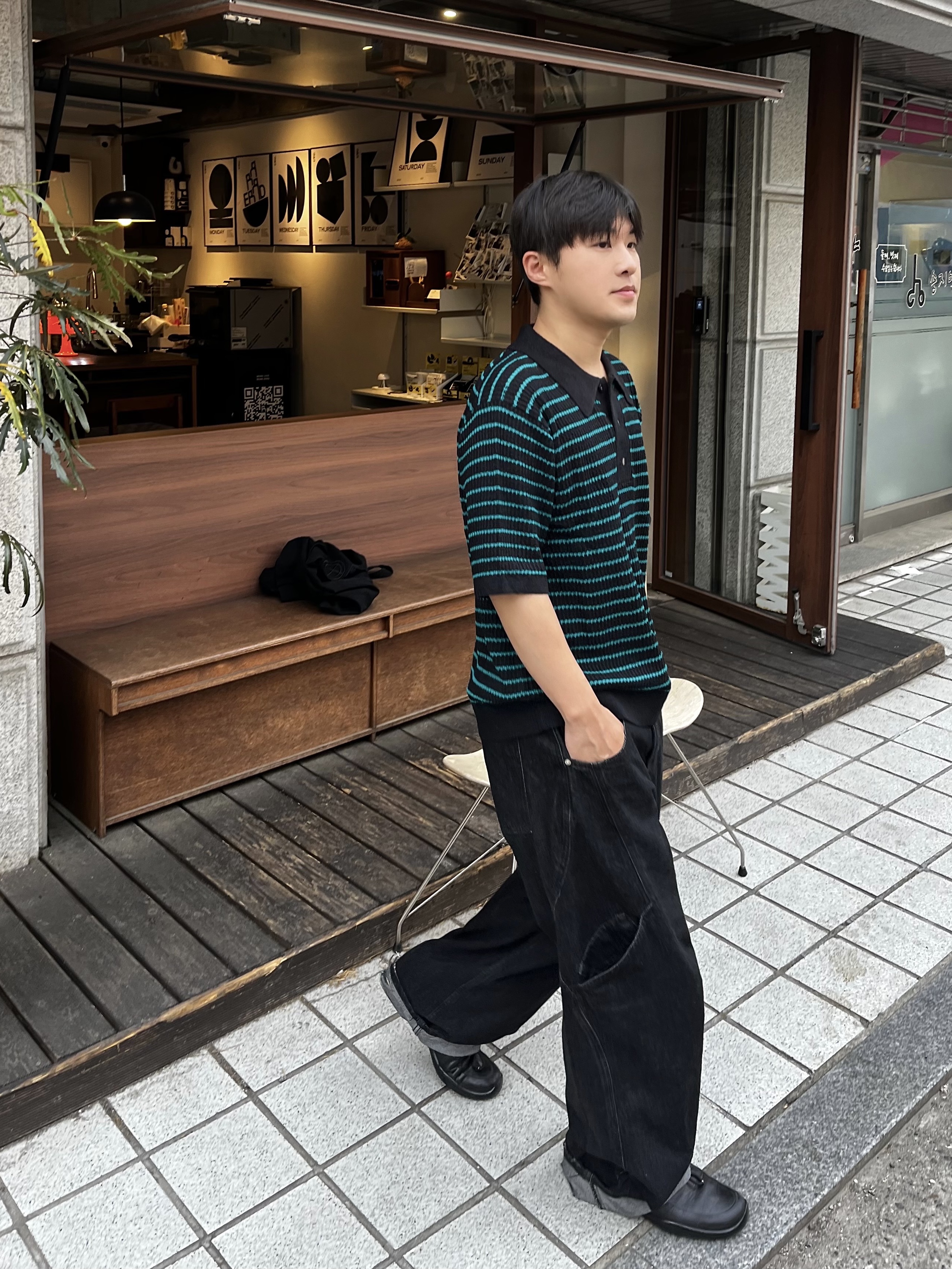 noun Side Line Cargo Denim Pants Black 착용 스타일 - 4