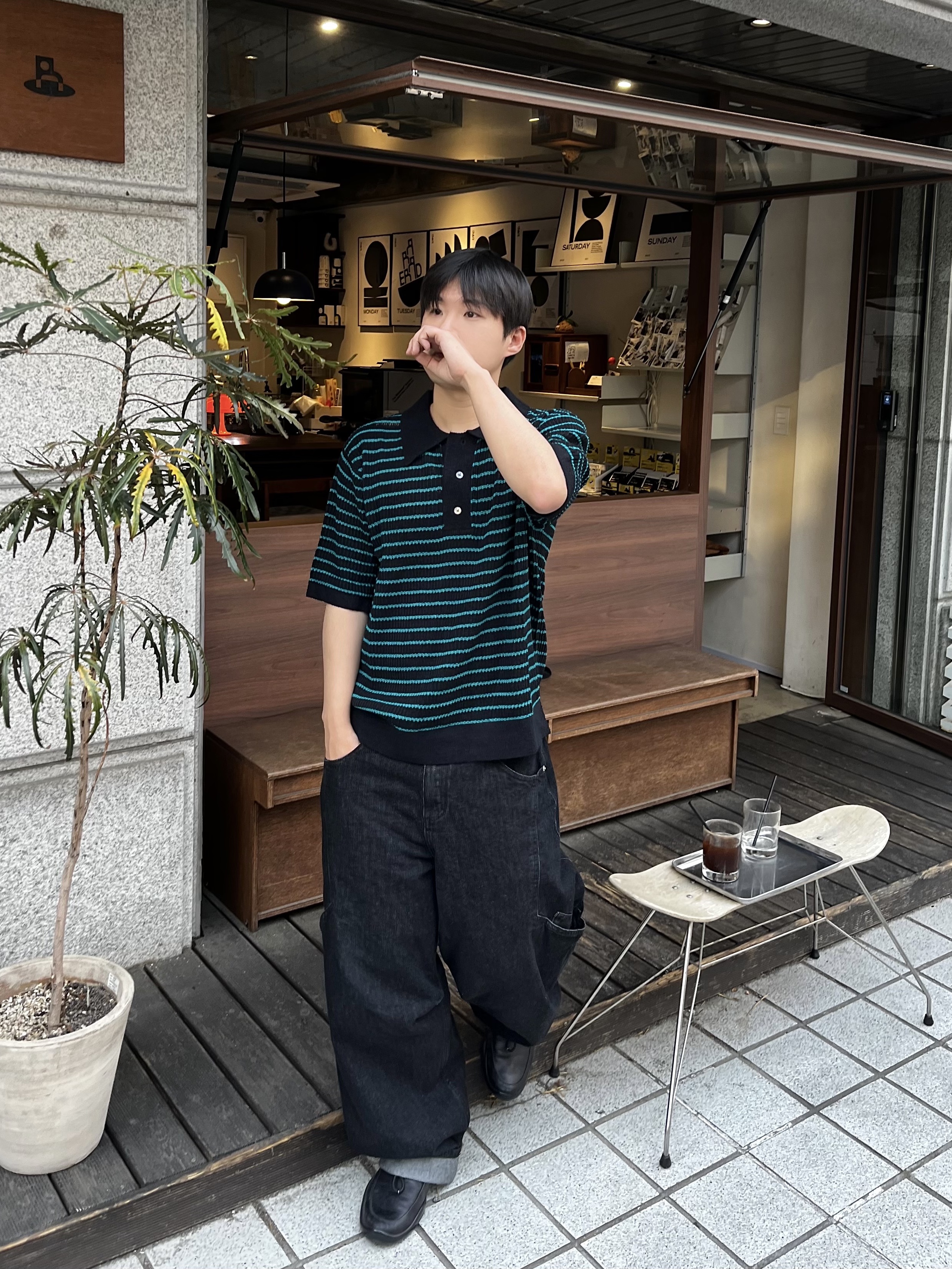 noun Side Line Cargo Denim Pants Black 착용 스타일 - 1