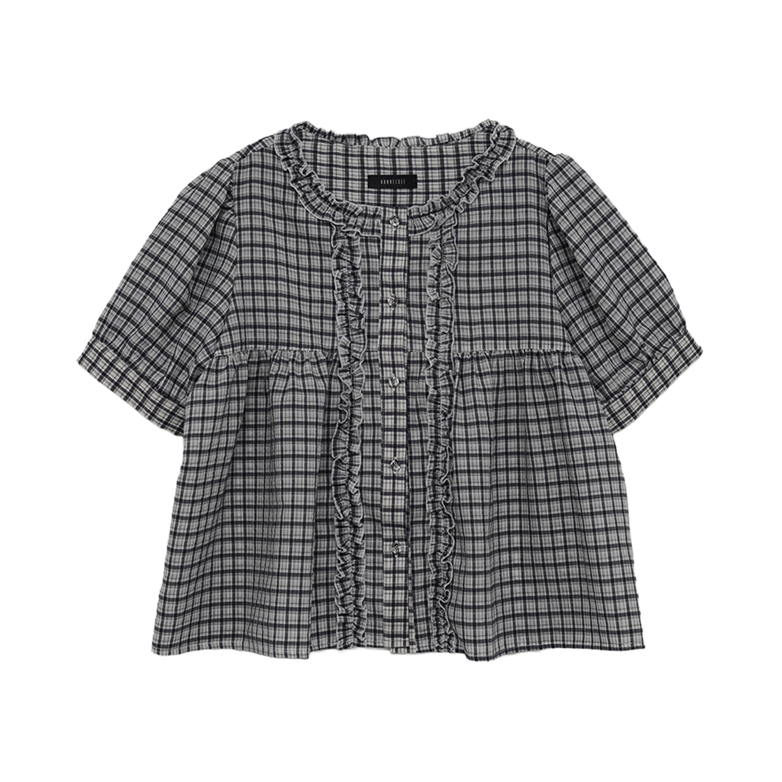 쿠키시 체크 프릴 블라우스 화이트(Kookeesee Check Frill Blouse White)