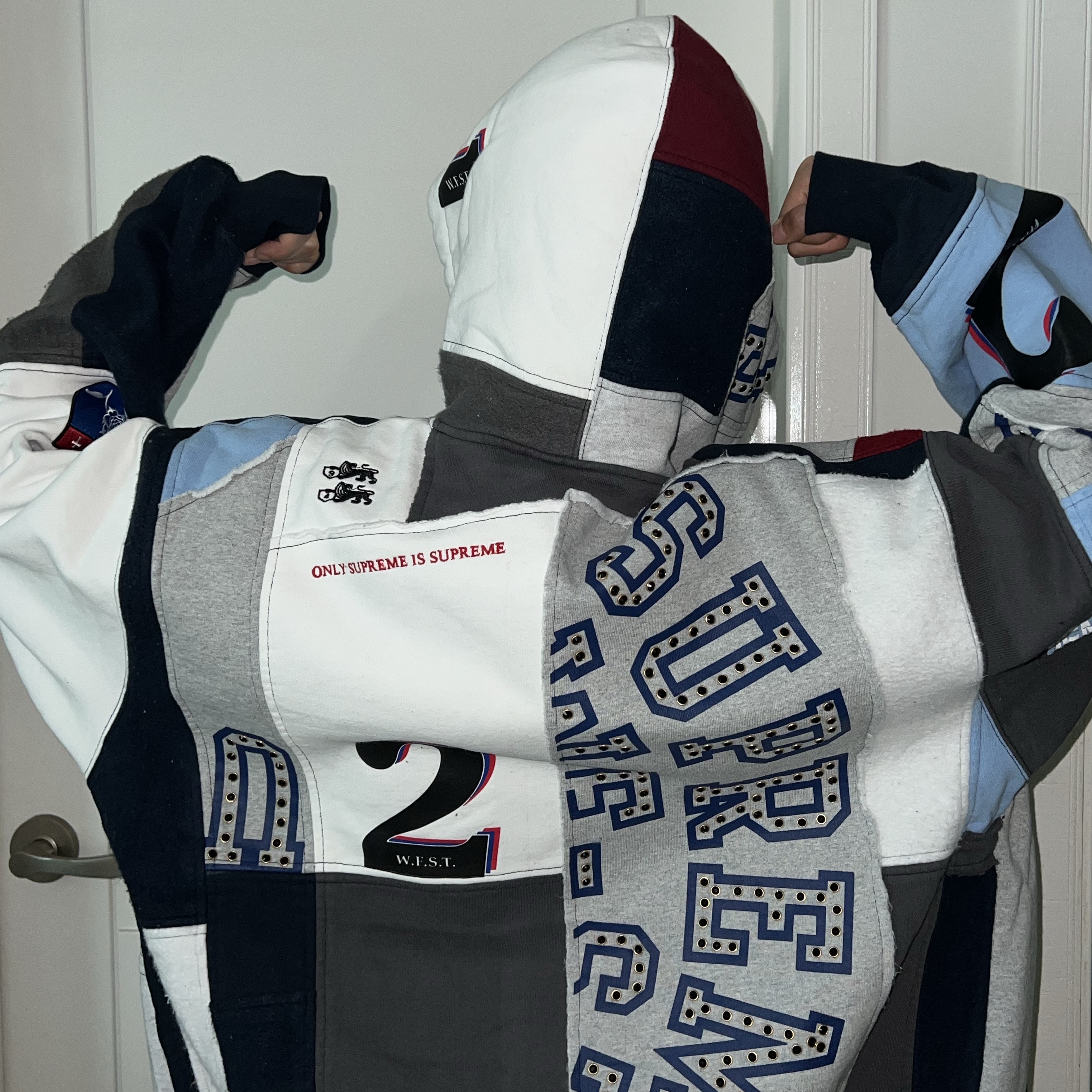 Supreme Patchwork Zip Up Hooded Sweatshirt Navy - 25SS 착용 스타일