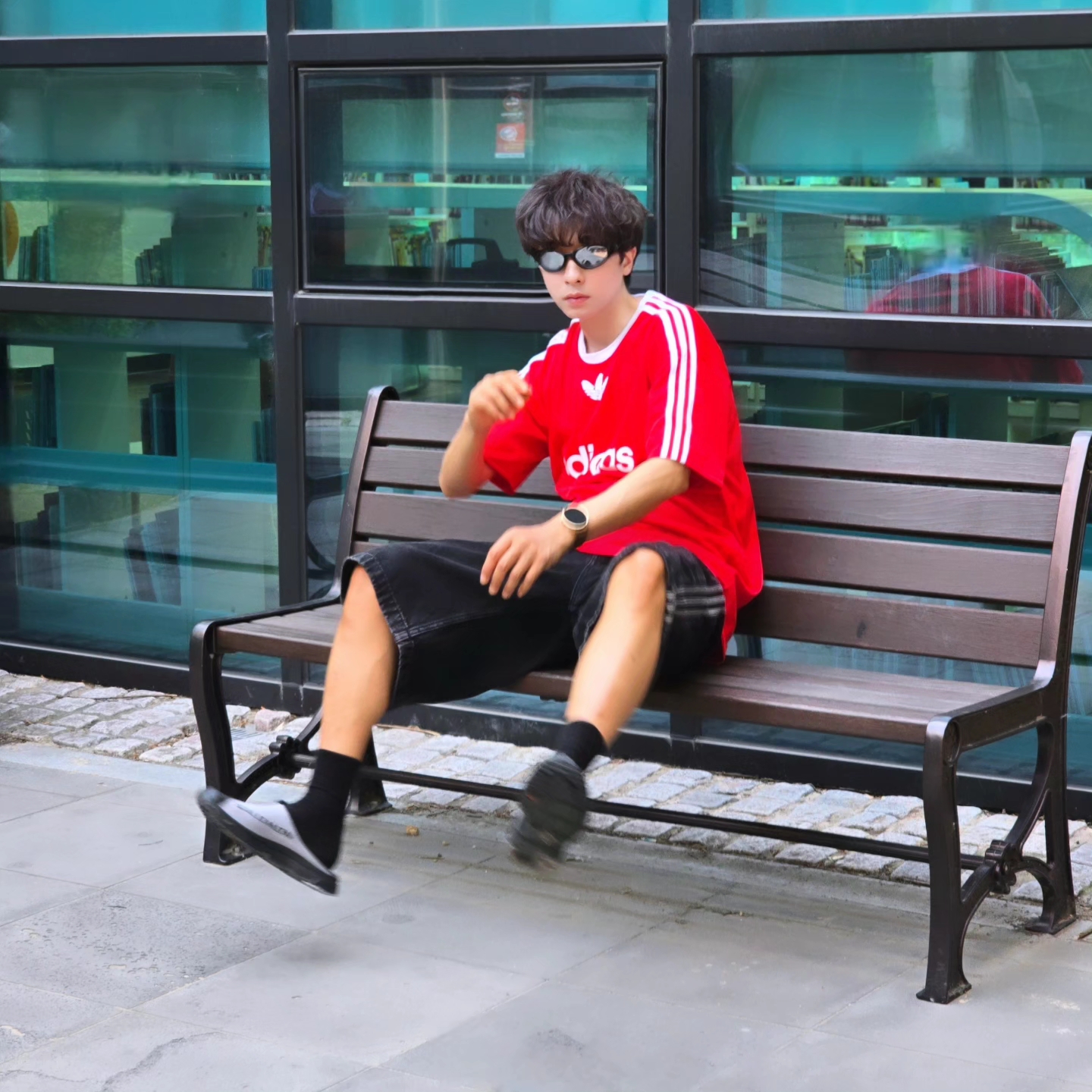 Salomon RX Slide 3.0 Seasonal Black Fiery Red, Adidas Adicolor T-Shirt Better Scarlet White - KR Sizing 착용 스타일 - 3