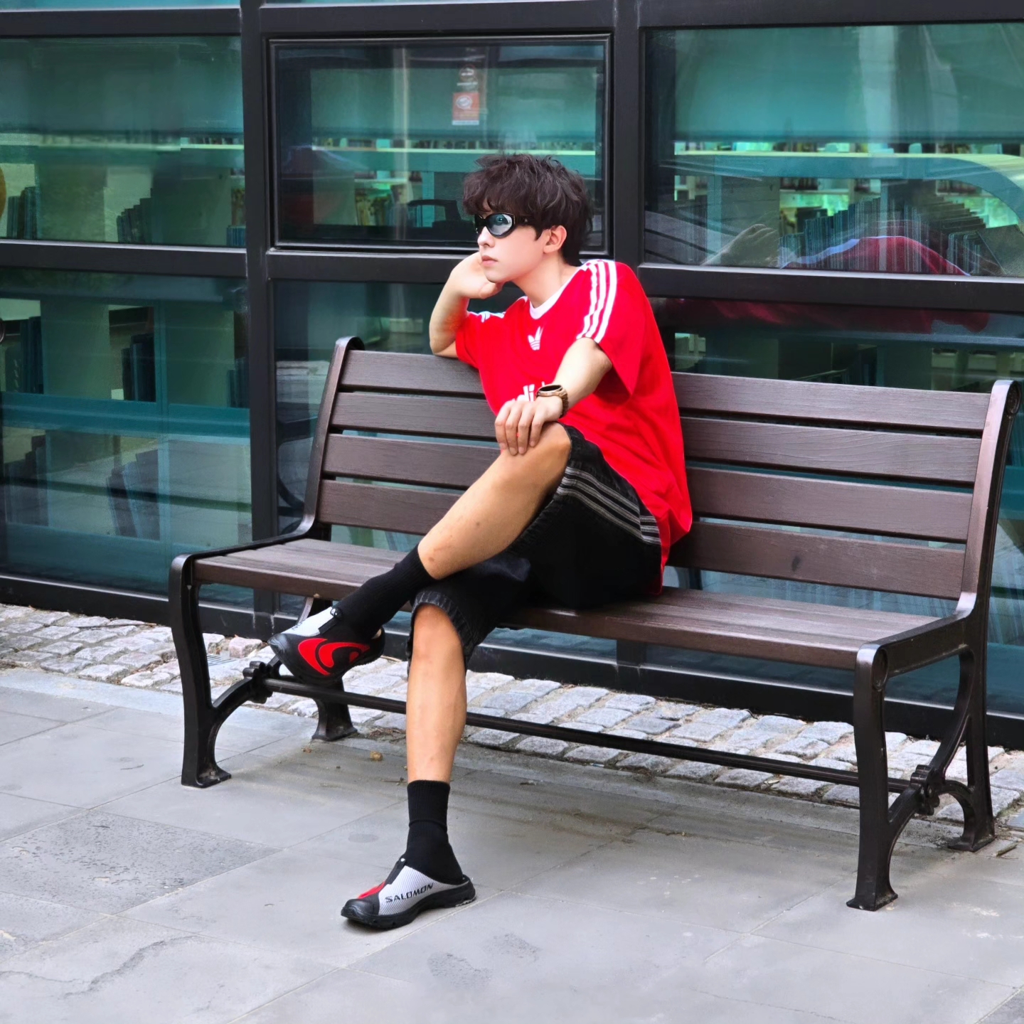 Salomon RX Slide 3.0 Seasonal Black Fiery Red, Adidas Adicolor T-Shirt Better Scarlet White - KR Sizing 착용 스타일 - 2