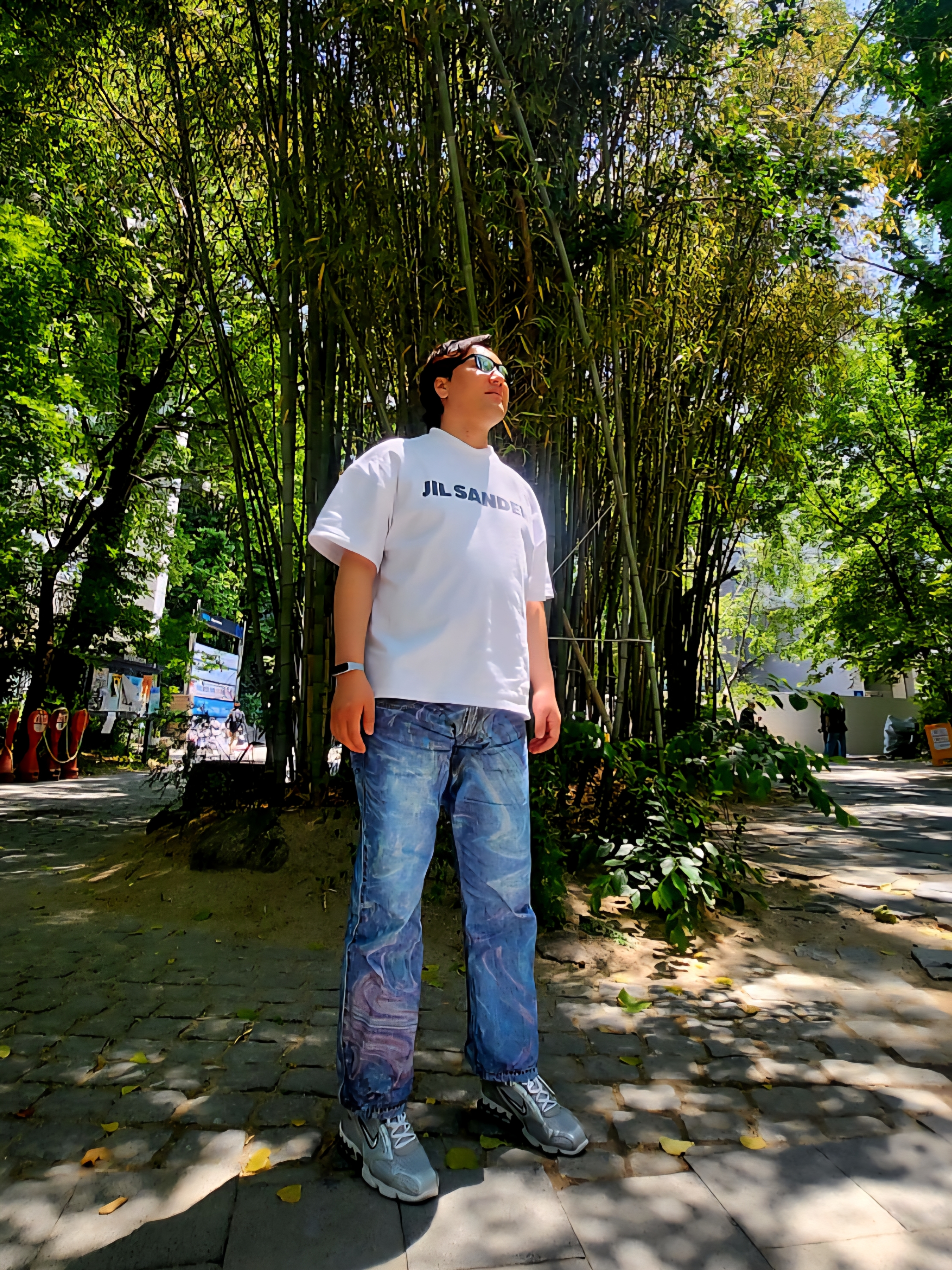 Typing Mistake Digital Washed Denim Pants Indigo - 22FW, Jil Sander Logo T-Shirt Natural 착용 스타일