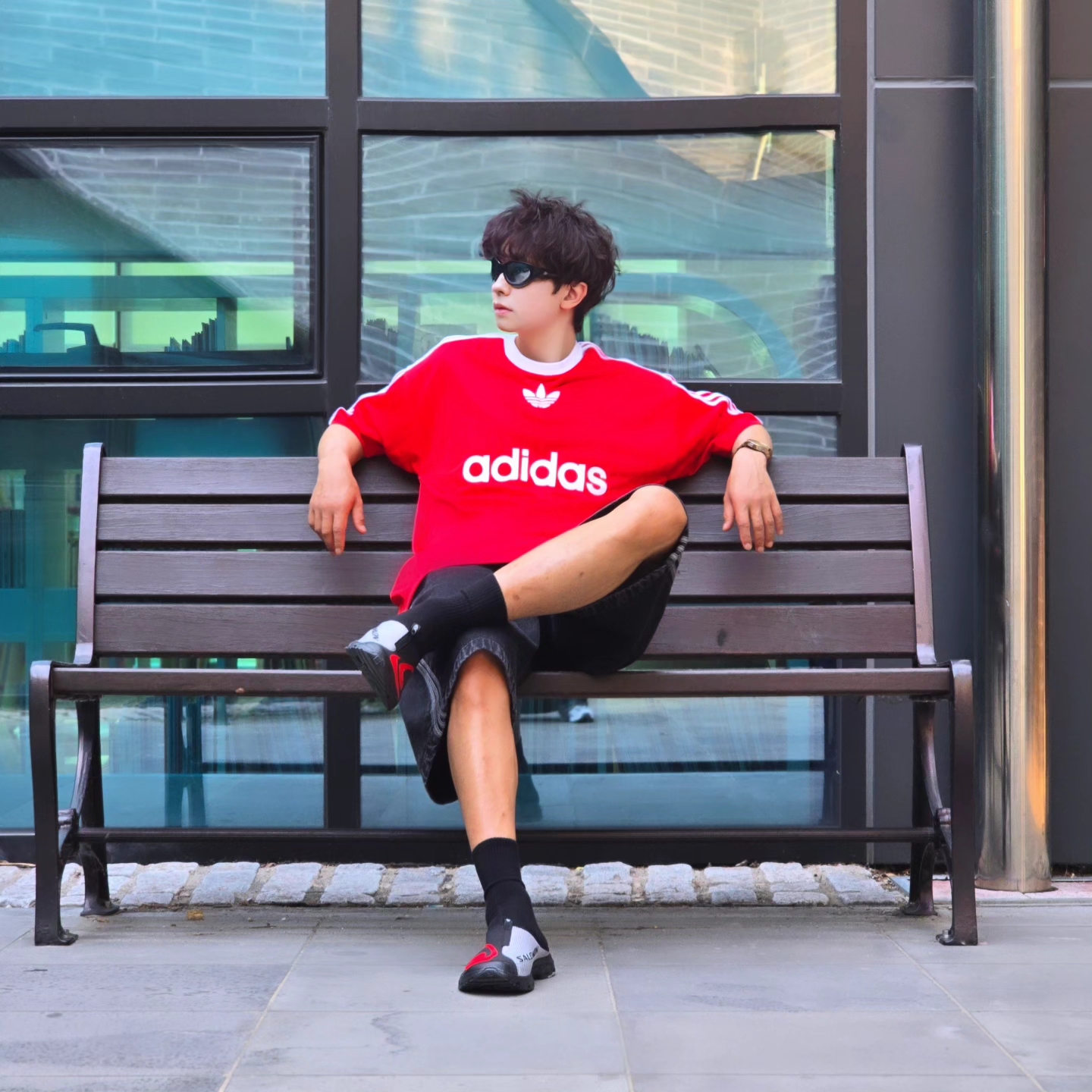 Salomon RX Slide 3.0 Seasonal Black Fiery Red, Adidas Adicolor T-Shirt Better Scarlet White - KR Sizing 착용 스타일 - 1