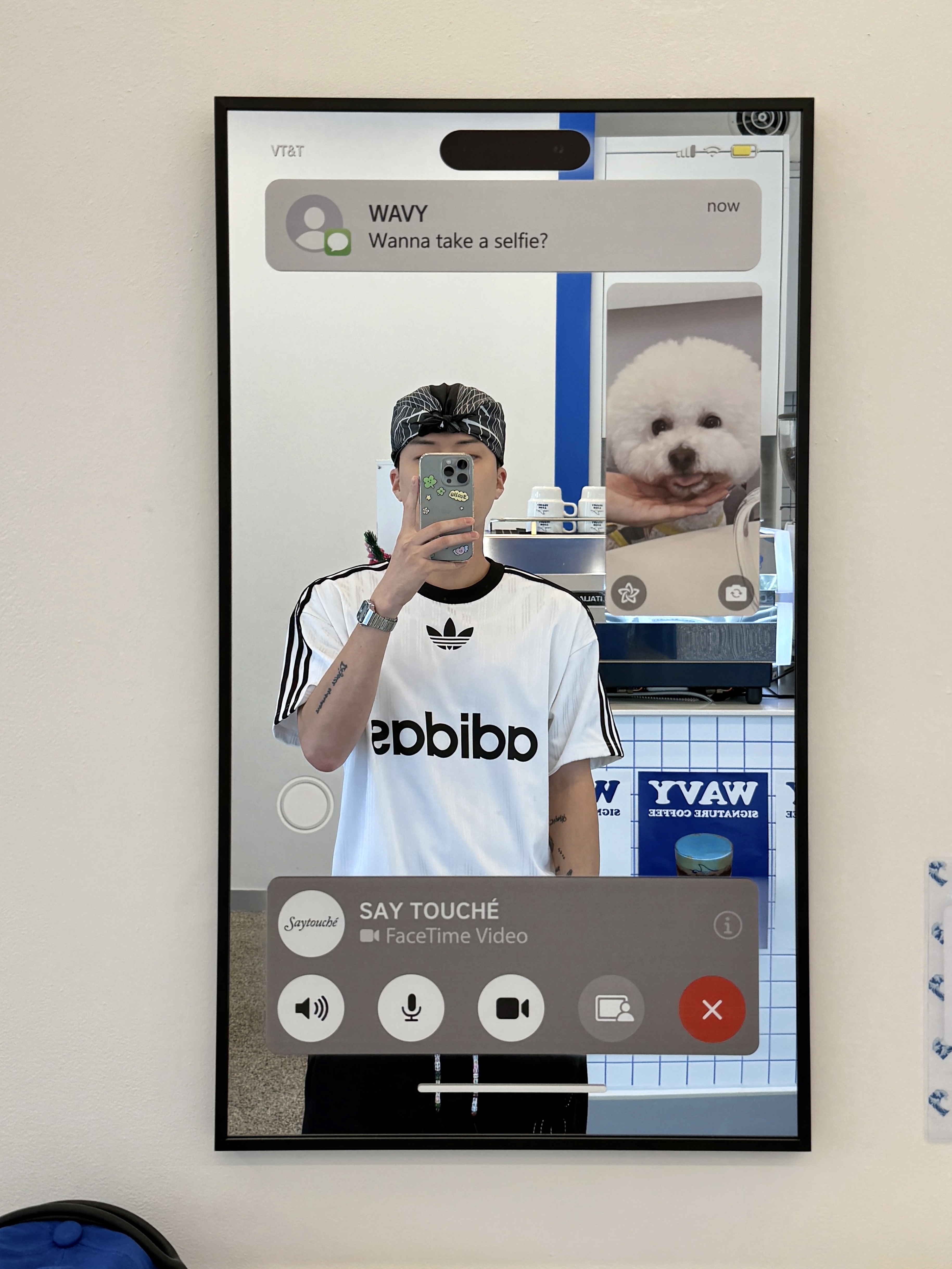 Say Touche Facetime Mirror, Adidas Adicolor T-Shirt White Black - KR Sizing 착용 스타일