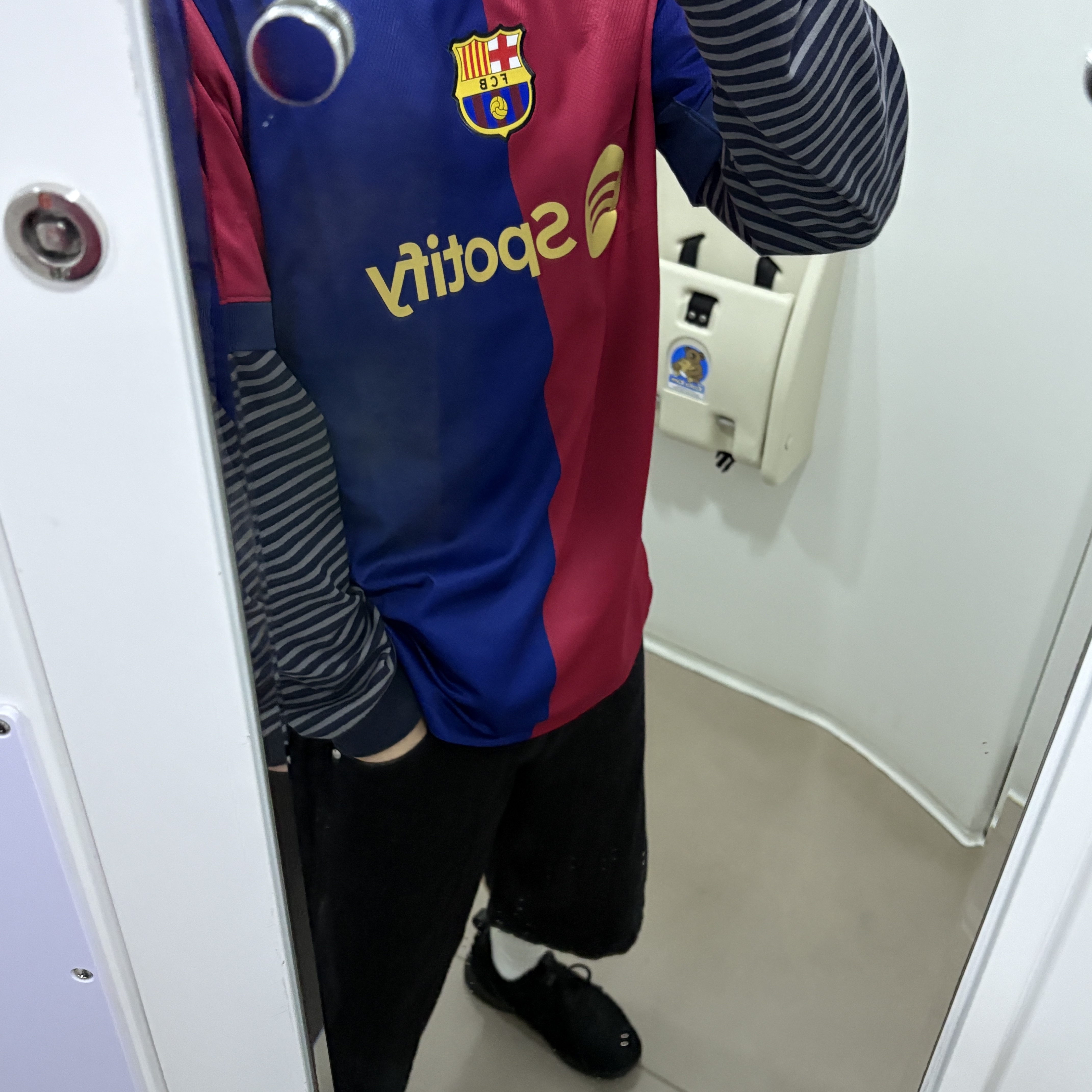 Nike FC Barcelona 2024/25 Dri-Fit Stadium Home Jersey Deep Royal Blue Noble Red (Non Marking Ver.), Adidas Flames Denim Shorts Medium Black - KR Sizing 착용 스타일 - 1