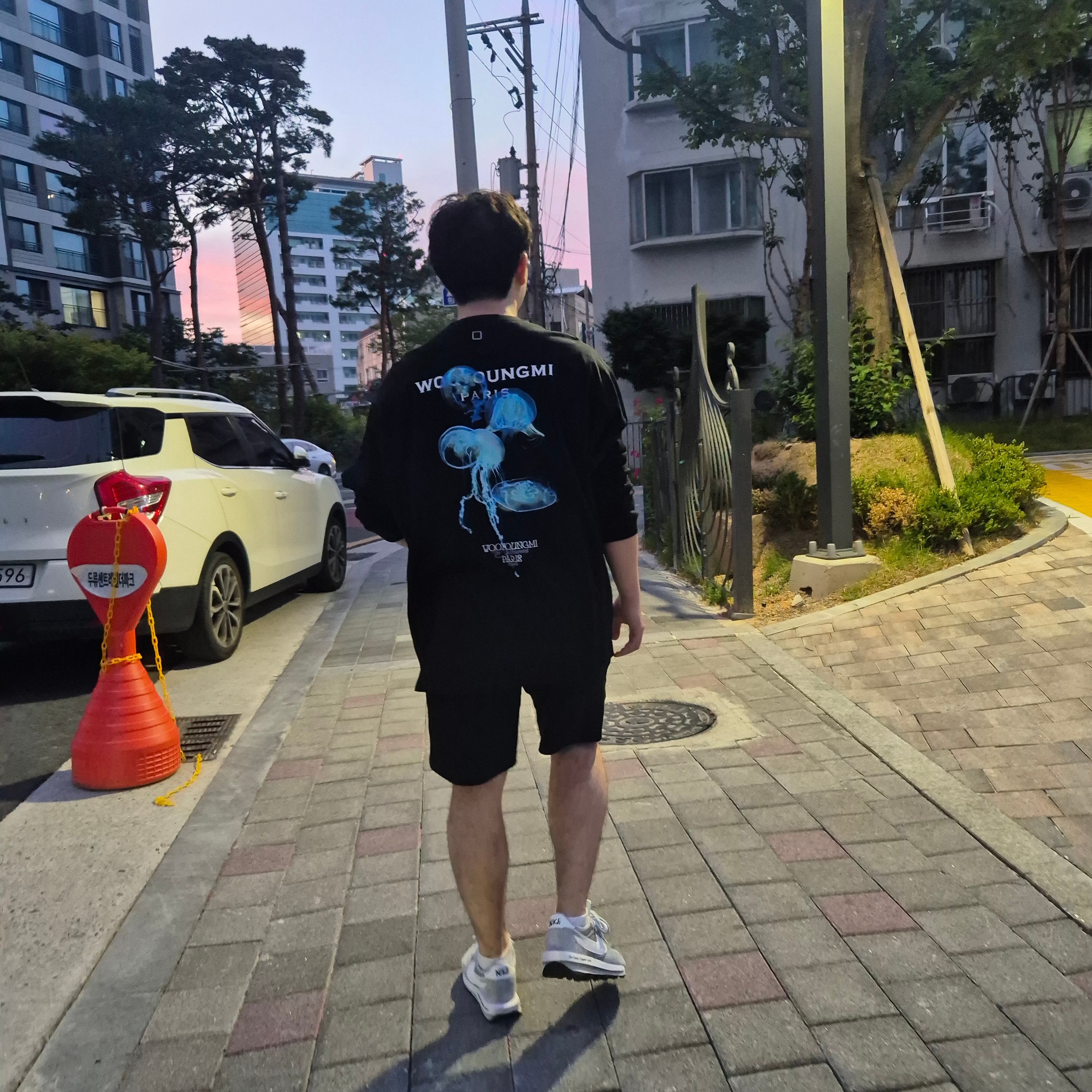 Wooyoungmi Luminous Jellyfish Back Logo Long Sleeve T-Shirt Black - 24SS, Nike x Sacai x Fragment LDWaffle Light Smoke Grey 착용 스타일