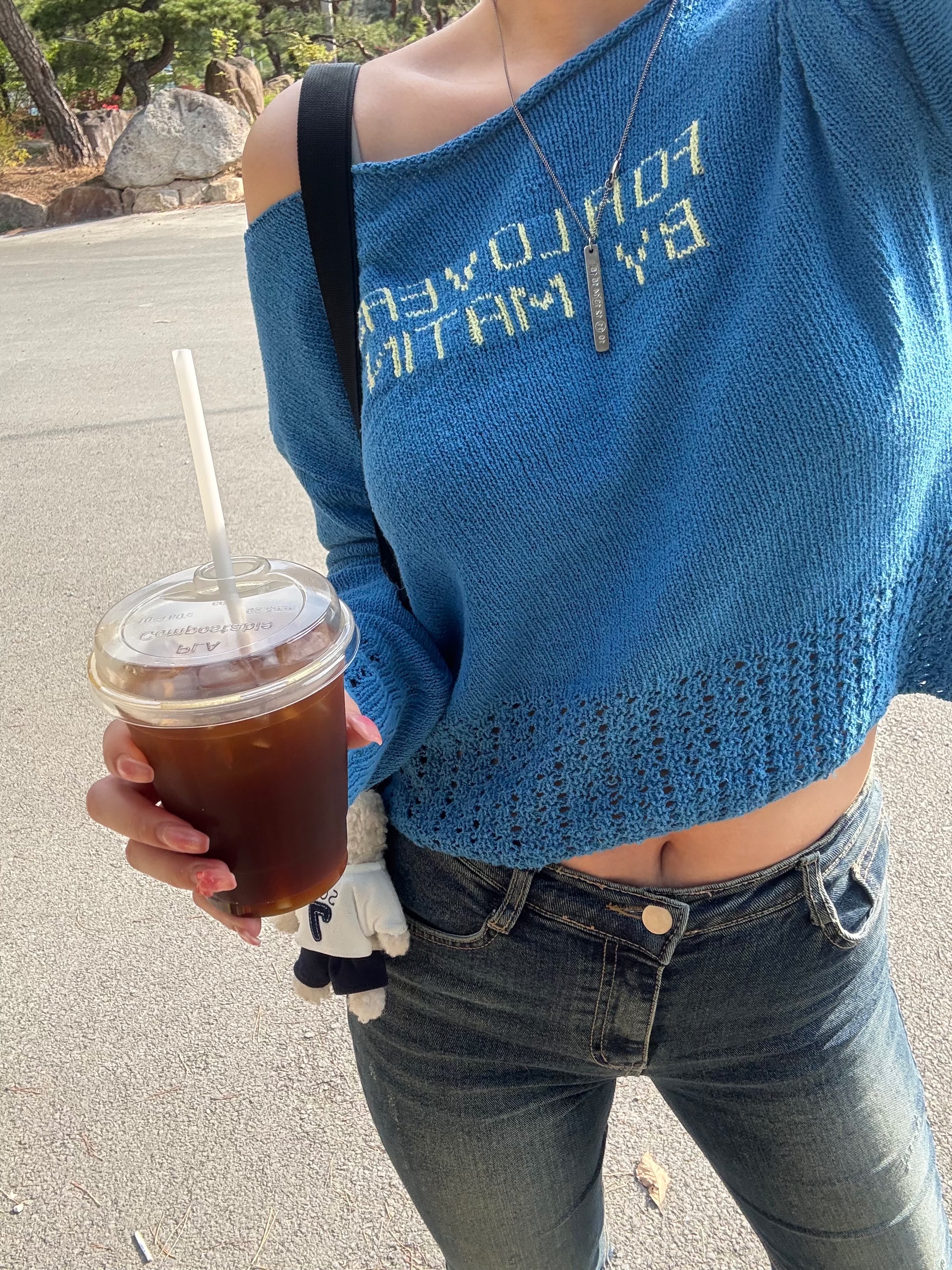 (W) Matin Kim For Lovers Punching Point Pullover Knit Light Blue, Supreme Mesh Mini Duffle Bag Leopard - 23SS 착용 스타일