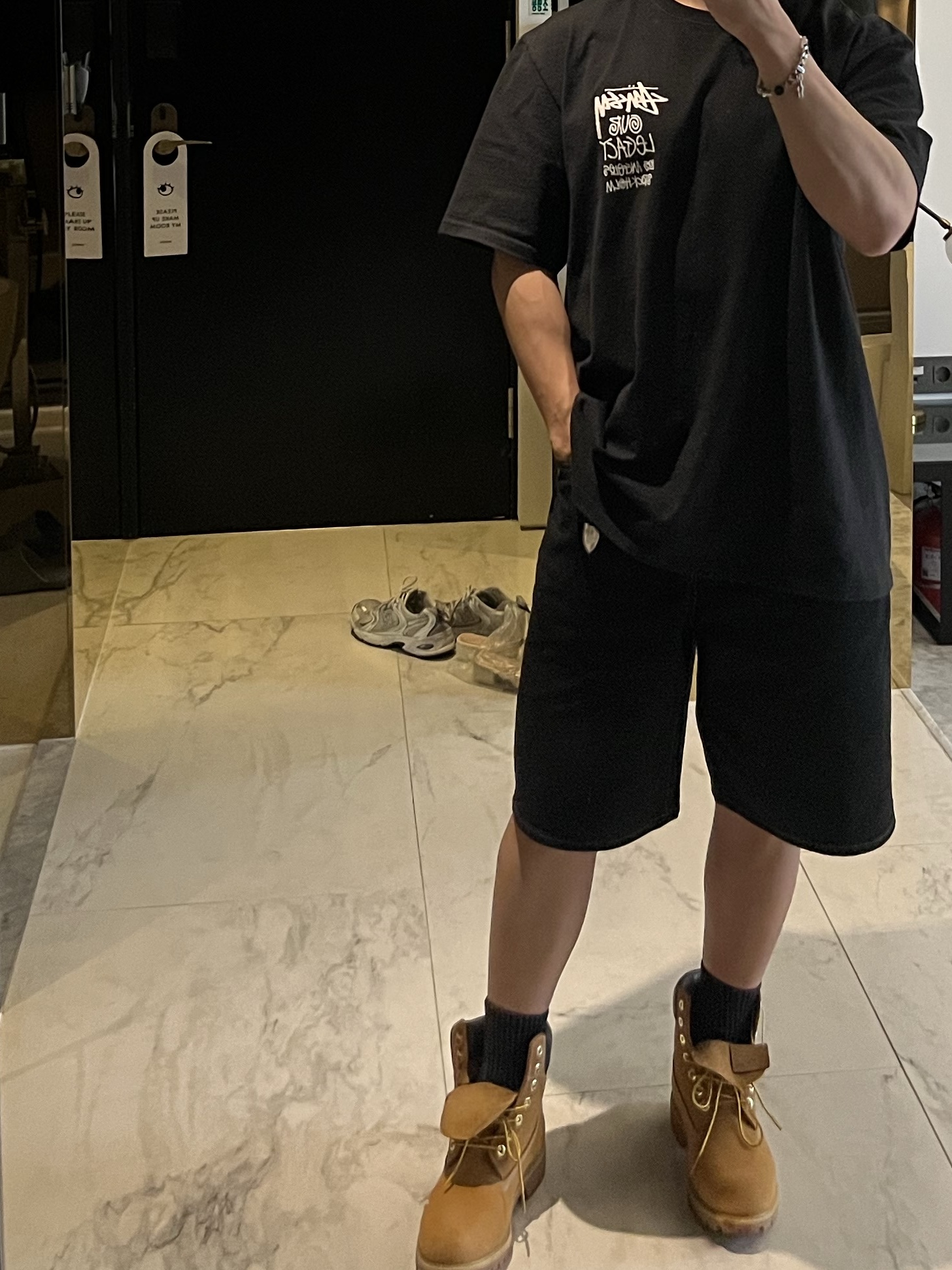 Stussy x Our Legacy Surfman T-Shirt Black - 21SS, Stussy Denim Big OL' Shorts Washed Black 착용 스타일