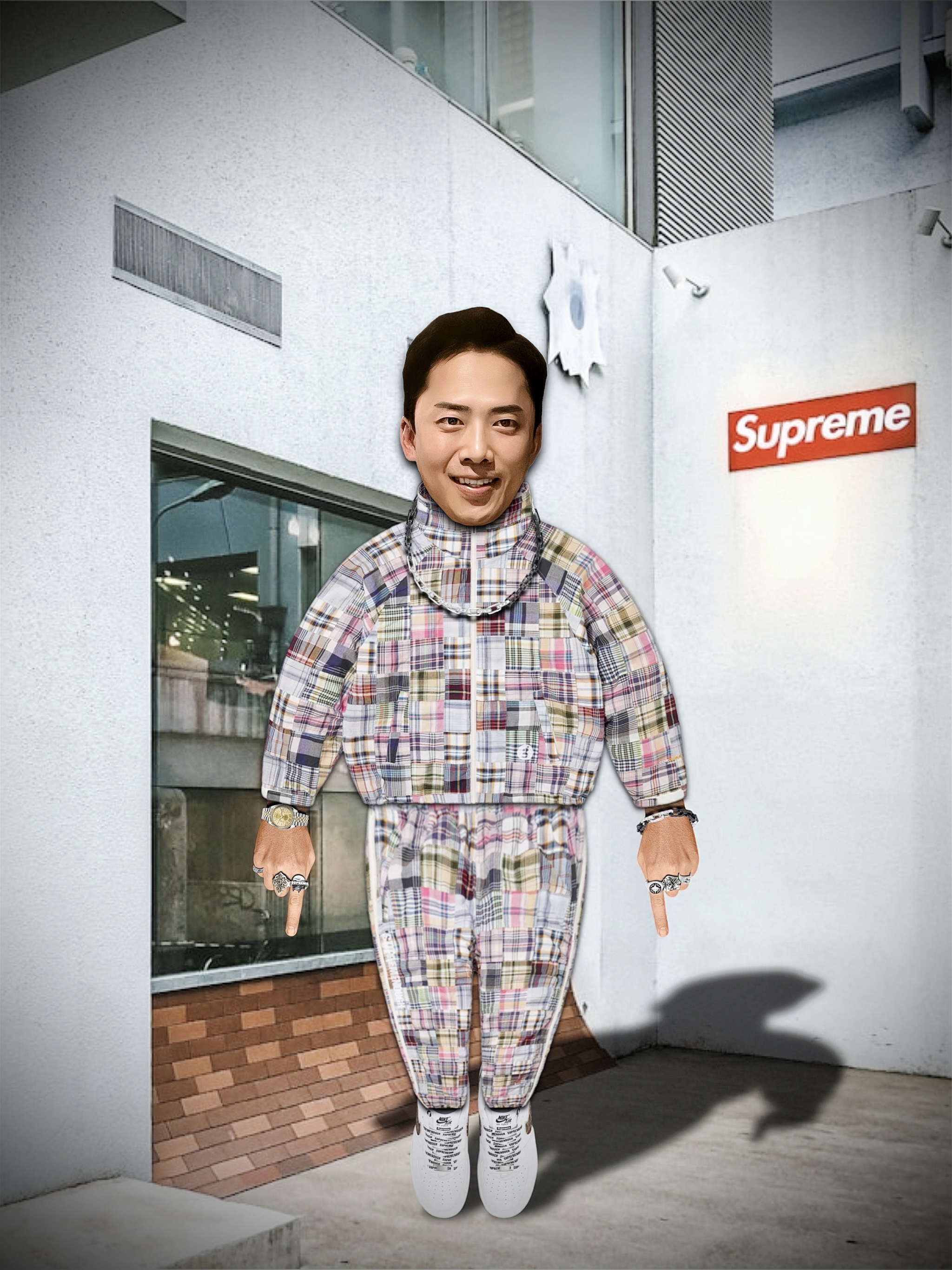 Supreme x GOODENOUGH Patchwork Madras Hooded Jacket Multicolor - 25SS, Supreme x GOODENOUGH Patchwork Madras Full Zip Track Pant Multicolor - 25SS 착용 스타일 - 2