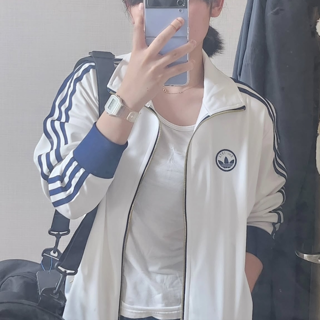 Casio F-91WS-7DF, (W) Adidas Firebird Badge Track Top Cloud White - KR Sizing 착용 스타일 - 1