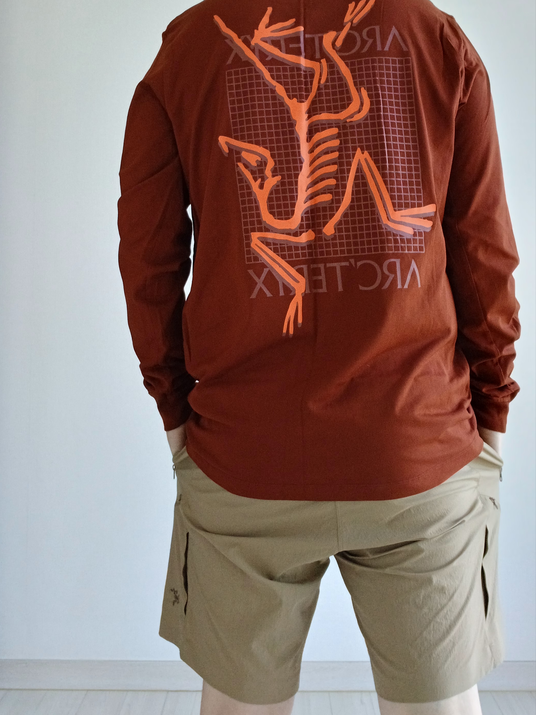 Arc'teryx Arc'Multi Bird Logo LS T-Shirt Sequoia Solaris, Arc'teryx Rampart Shorts 9 Inch Black 착용 스타일 - 2