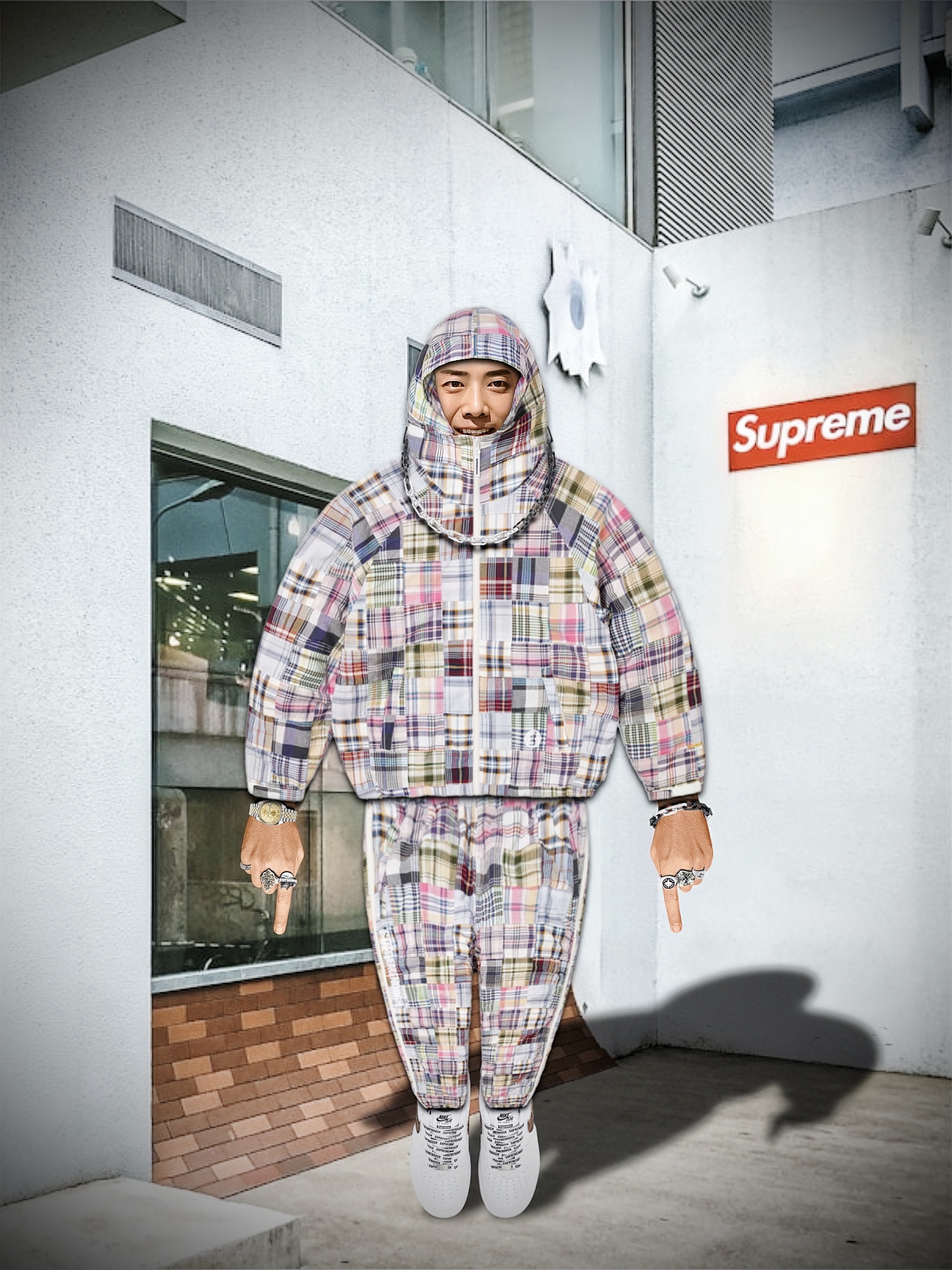 Supreme x GOODENOUGH Patchwork Madras Hooded Jacket Multicolor - 25SS, Supreme x GOODENOUGH Patchwork Madras Full Zip Track Pant Multicolor - 25SS 착용 스타일 - 1
