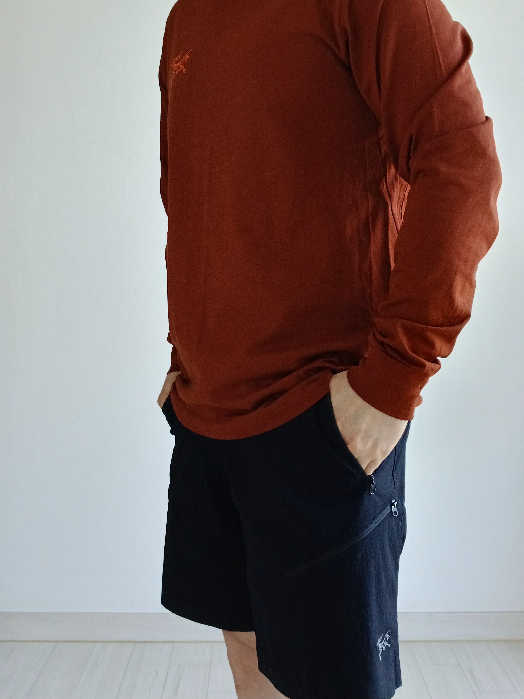 Arc'teryx Arc'Multi Bird Logo LS T-Shirt Sequoia Solaris, Arc'teryx Rampart Shorts 9 Inch Black 착용 스타일 - 8