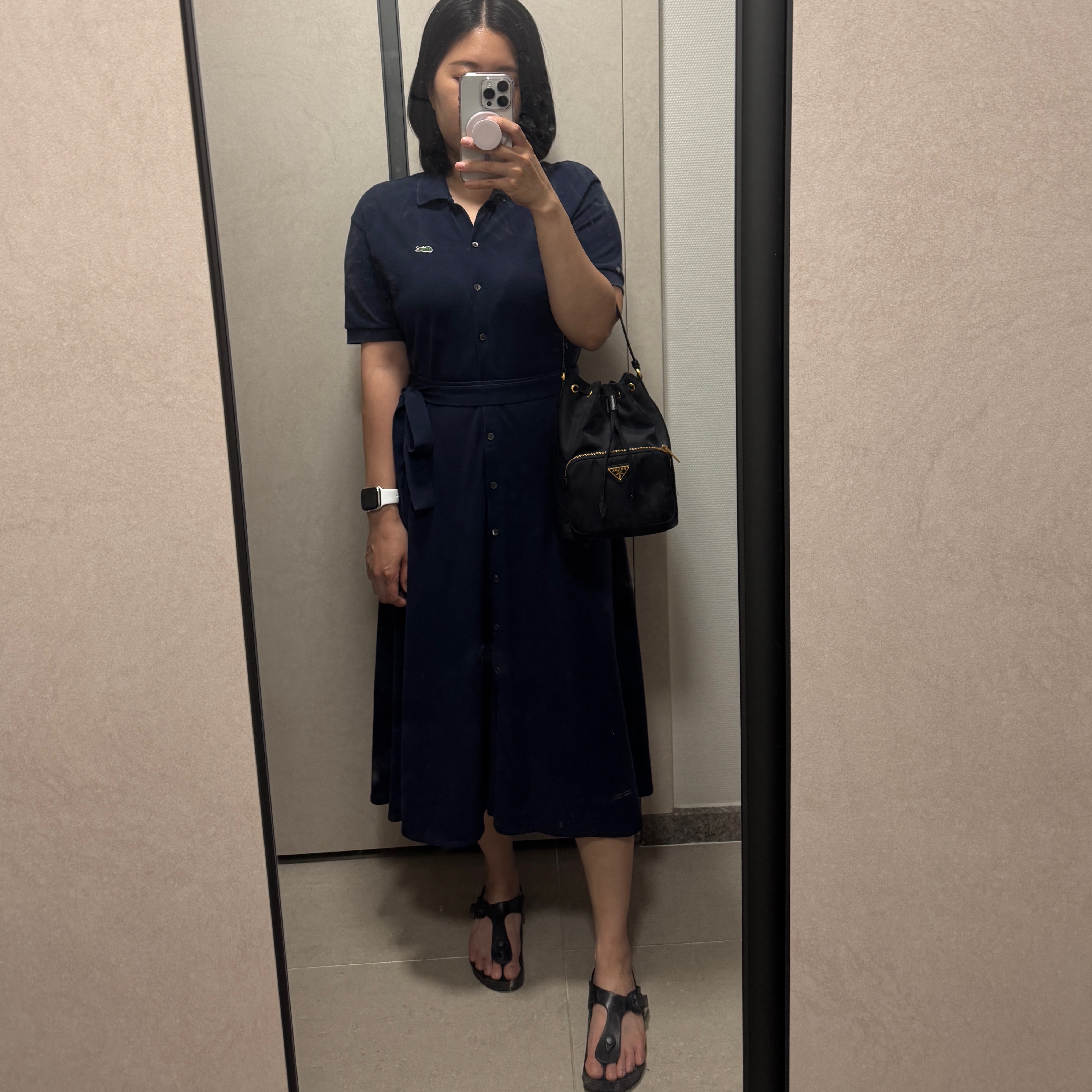(W) Lacoste Cotton Pique Belted Polo Dress Navy, Prada Duet Re-Nylon Shoulder Bag Black Gold 착용 스타일