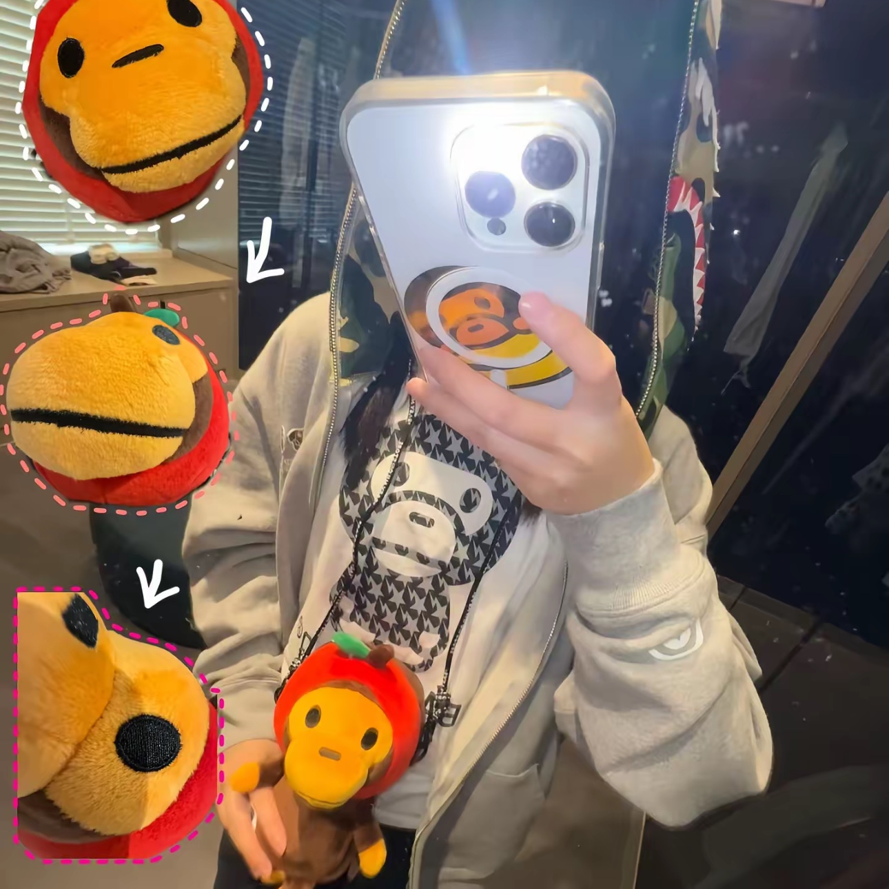 BAPE Baby Milo Plush Mobile Bag Red 착용 스타일