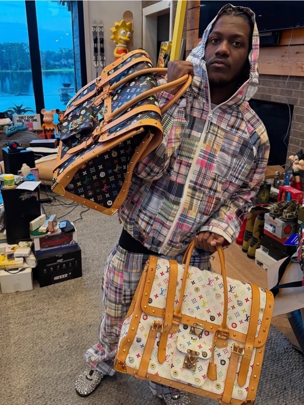 Supreme x GOODENOUGH Patchwork Madras Hooded Jacket Multicolor - 25SS, Supreme x GOODENOUGH Patchwork Madras Full Zip Track Pant Multicolor - 25SS 착용 스타일