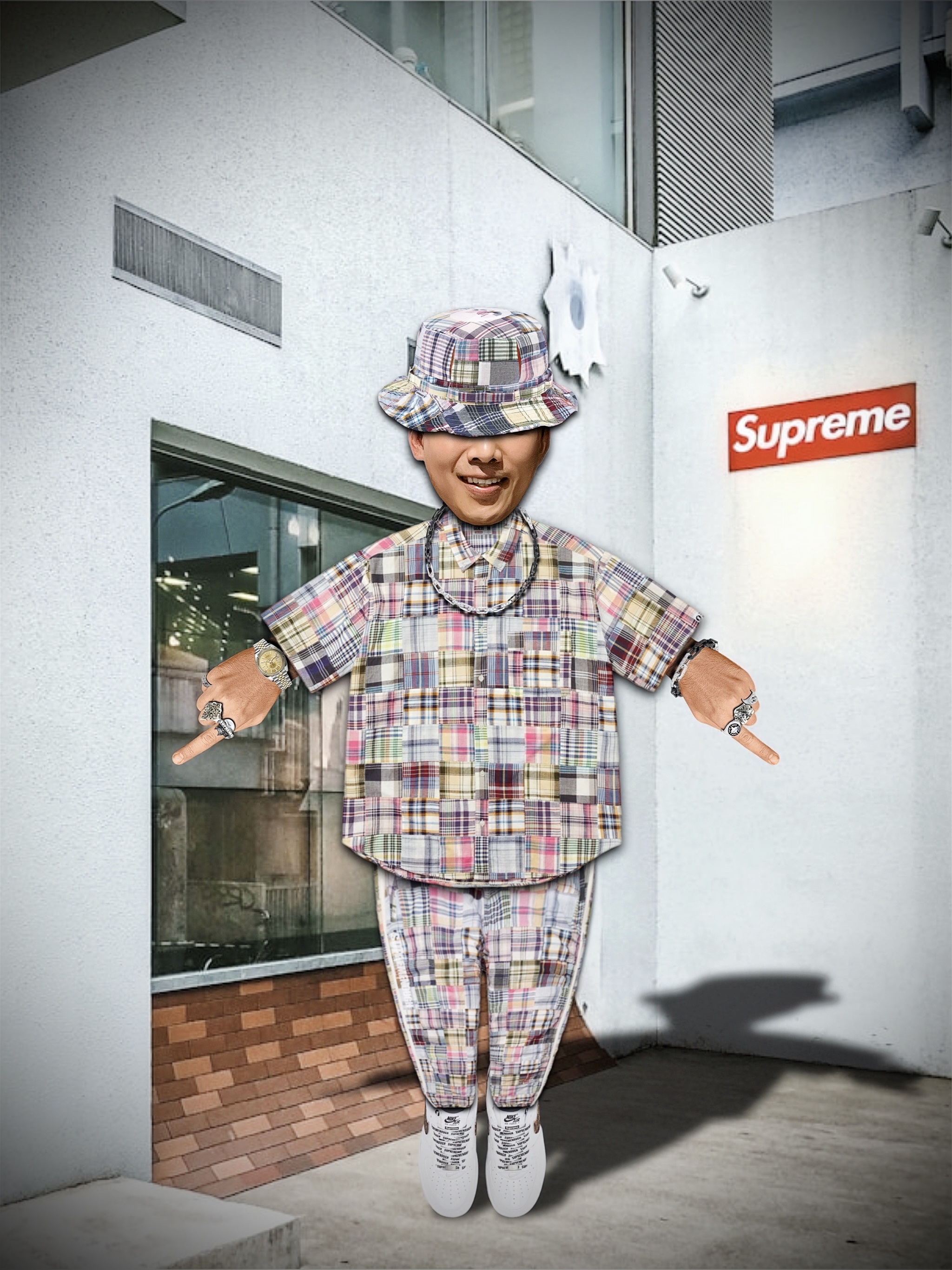 Supreme x GOODENOUGH Patchwork Madras Hooded Jacket Multicolor - 25SS, Supreme x GOODENOUGH Patchwork Madras Full Zip Track Pant Multicolor - 25SS 착용 스타일 - 4
