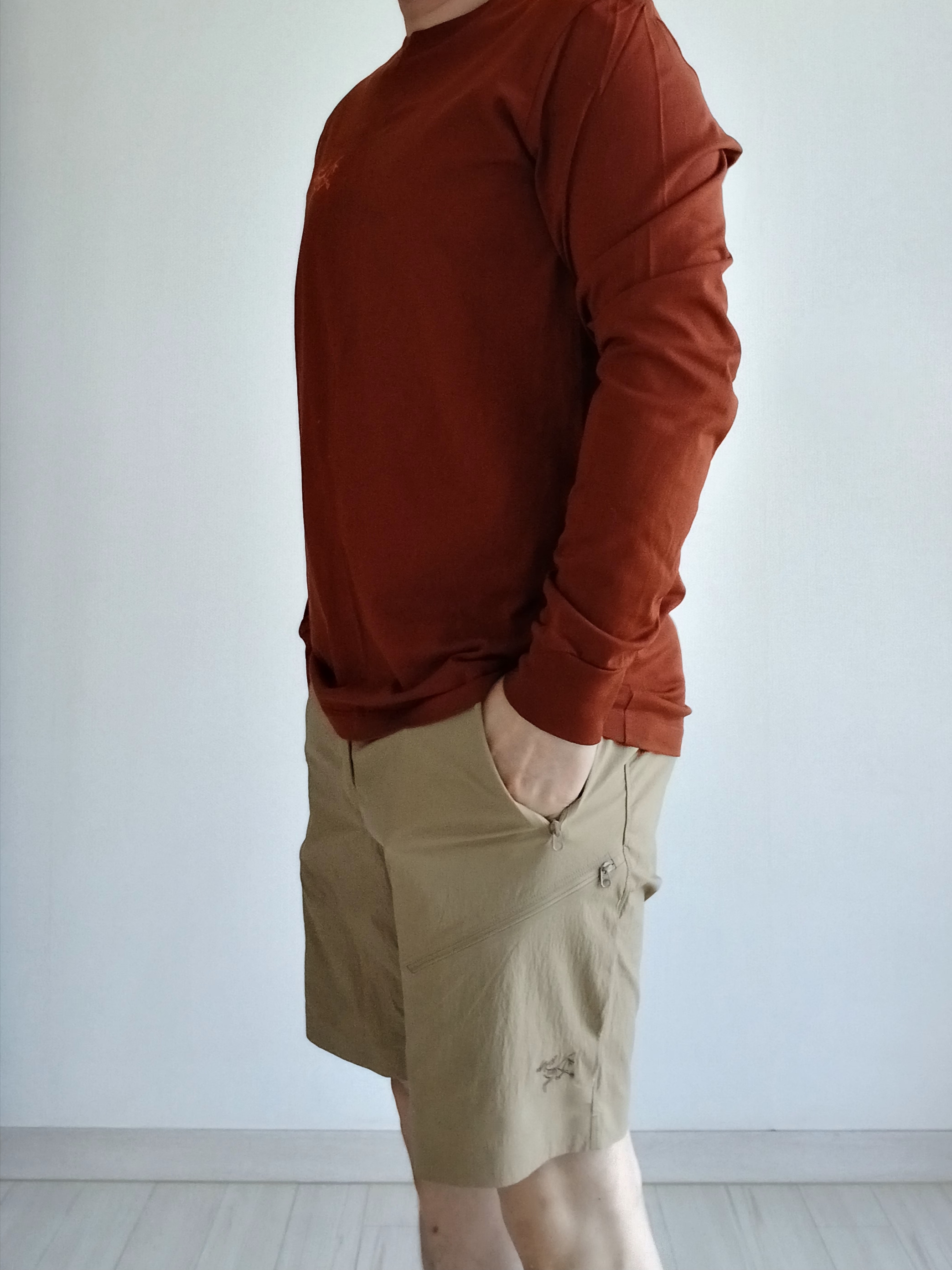 Arc'teryx Arc'Multi Bird Logo LS T-Shirt Sequoia Solaris, Arc'teryx Rampart Shorts 9 Inch Black 착용 스타일 - 9
