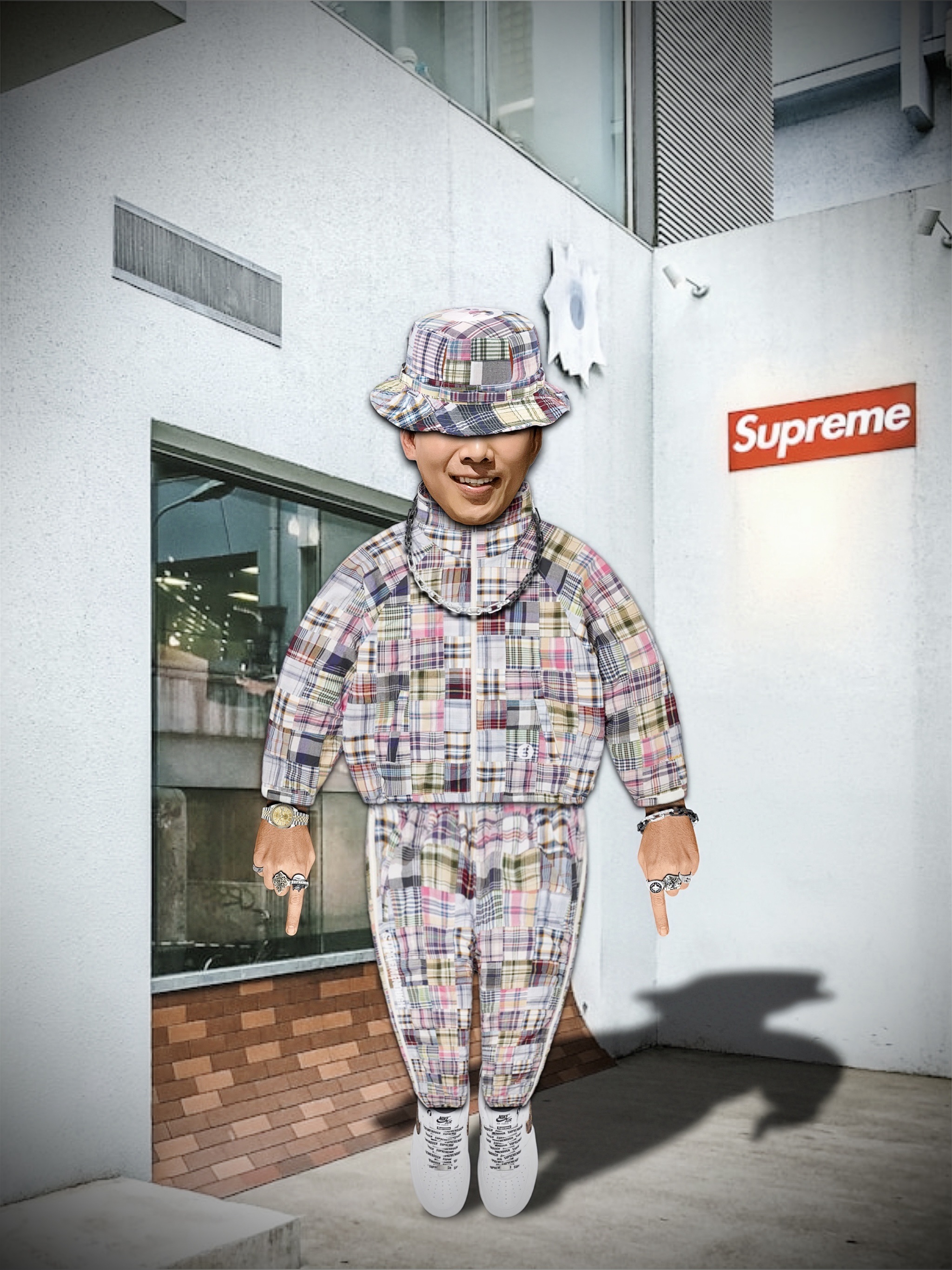 Supreme x GOODENOUGH Patchwork Madras Hooded Jacket Multicolor - 25SS, Supreme x GOODENOUGH Patchwork Madras Full Zip Track Pant Multicolor - 25SS 착용 스타일 - 3