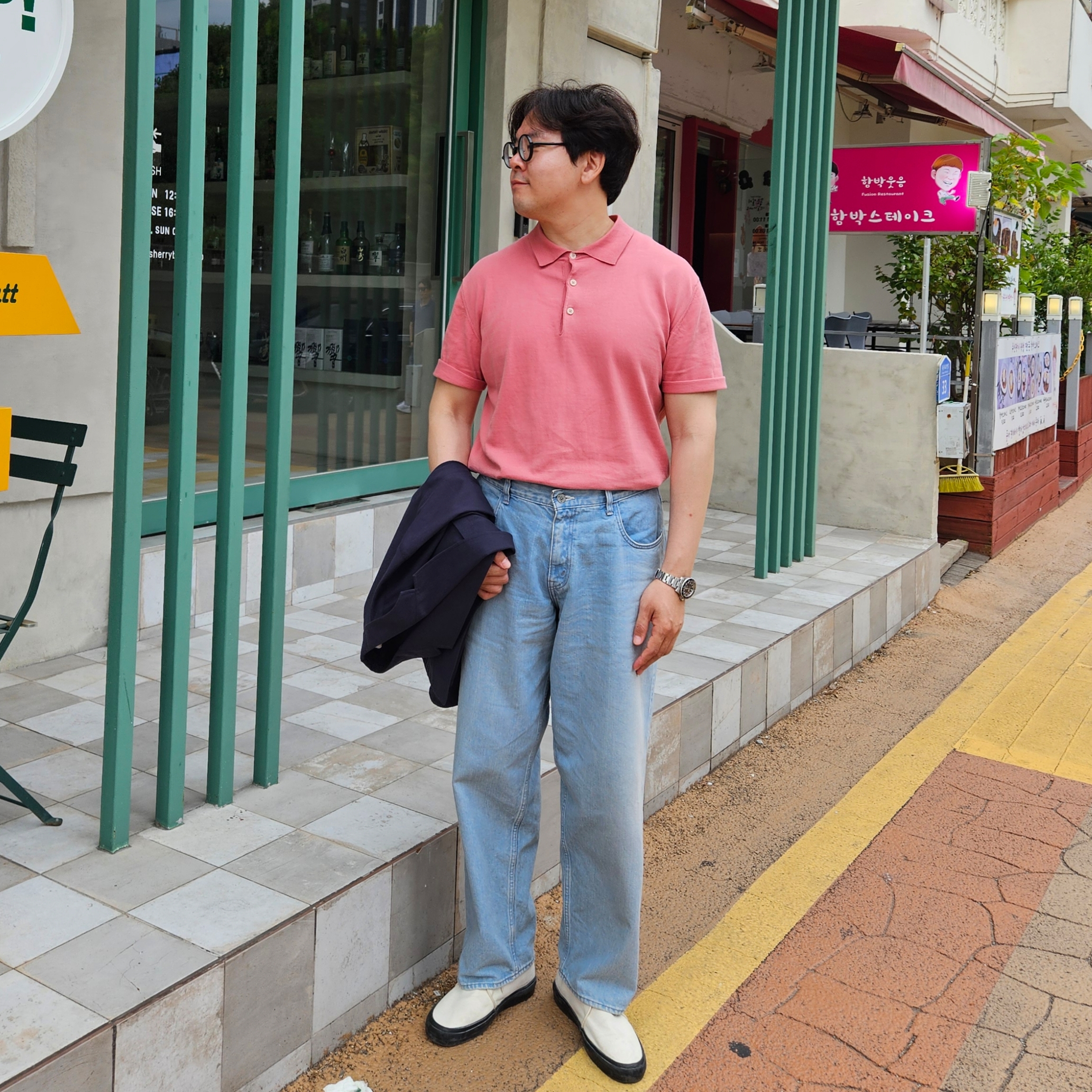 Andersen Andersen Polo Short Sleeve Shirt Raw Cotton, Ciota Baggy 5 Pocket Pants Light Blue Damage 착용 스타일 - 2