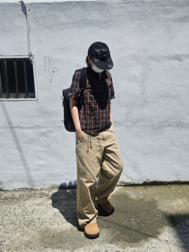 Safarispot Pocket Check Half Shirts Brown 착용 스타일 - 7