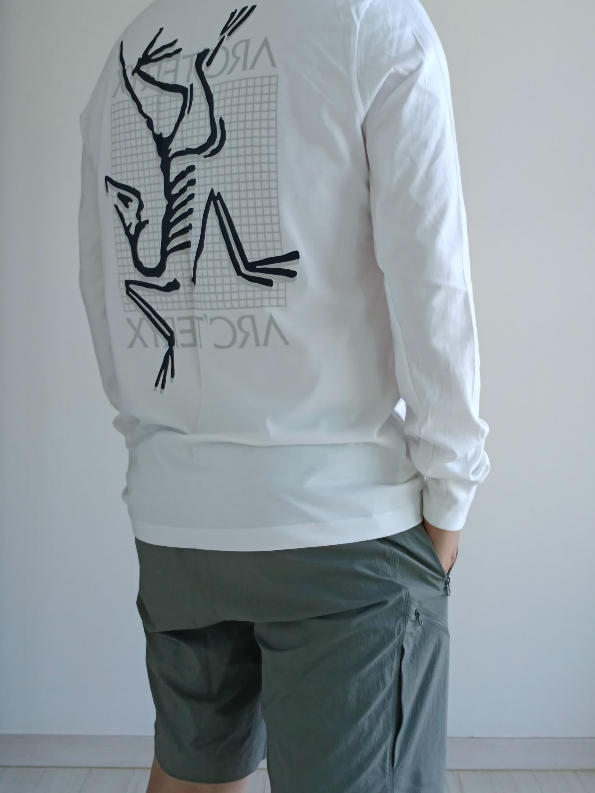 Arc'teryx Arc'Multi Bird Logo LS T-Shirt White Light, Arc'teryx Gamma Quick Dry Shorts 9 Inch Black 착용 스타일 - 1