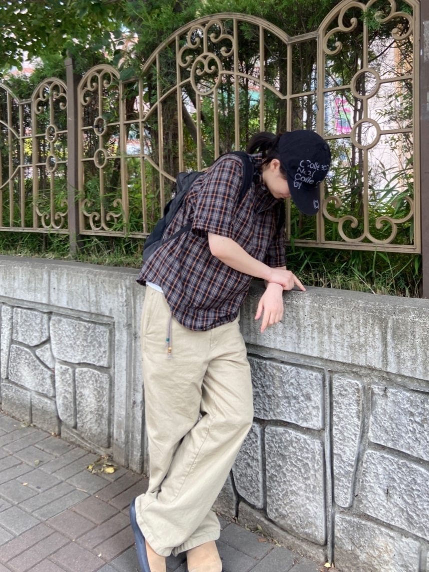 Safarispot Pocket Check Half Shirts Brown 착용 스타일 - 2