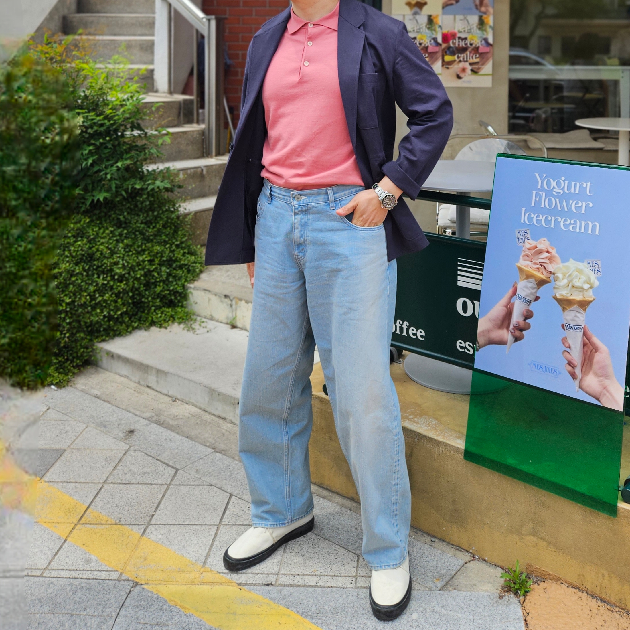 Andersen Andersen Polo Short Sleeve Shirt Raw Cotton, Ciota Baggy 5 Pocket Pants Light Blue Damage 착용 스타일 - 3