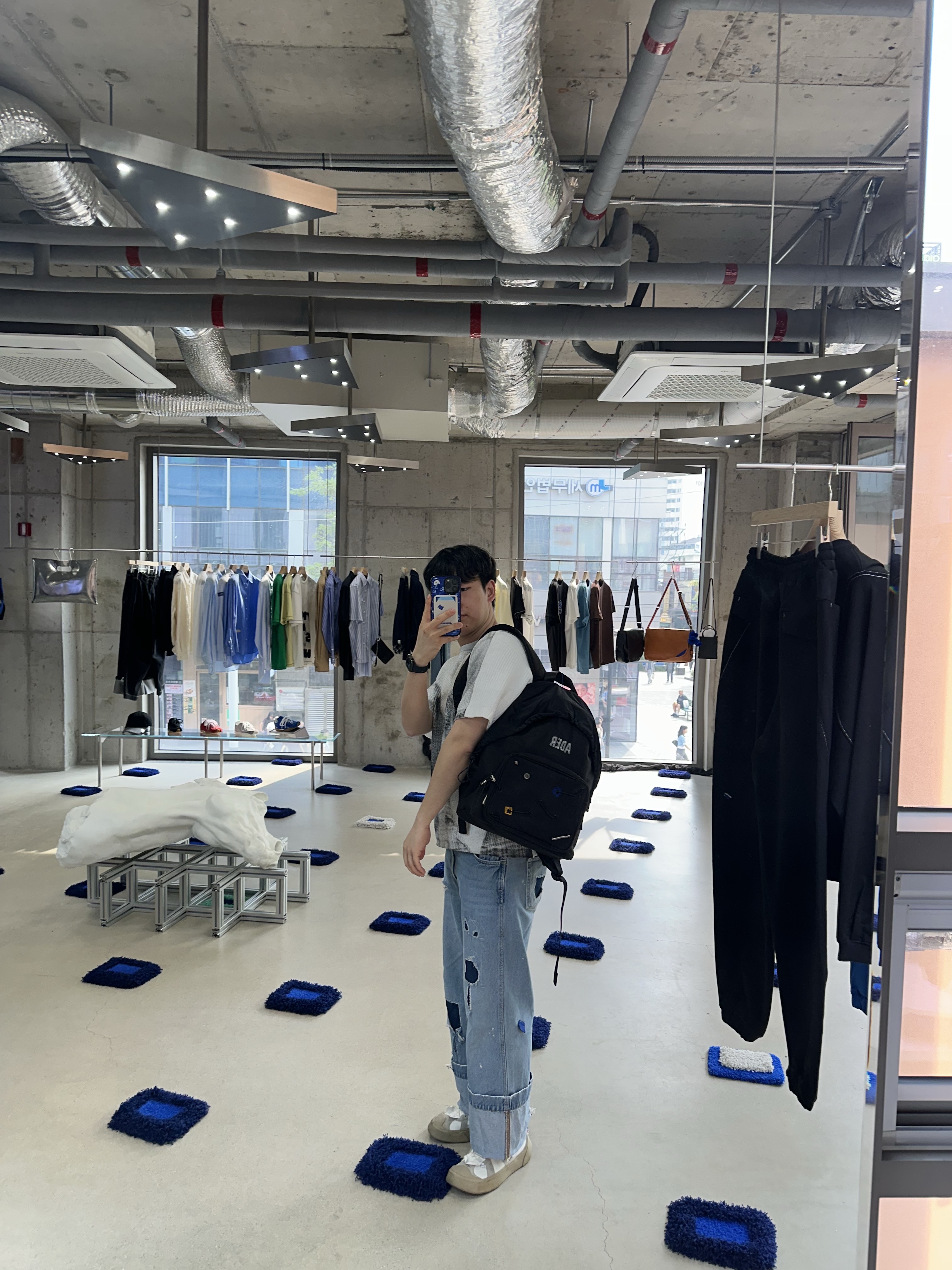 Zara x Ader Error Patchwork Jeans Blue, Camper x Ader Error Proto-240-S Cinder German Shoes 착용 스타일