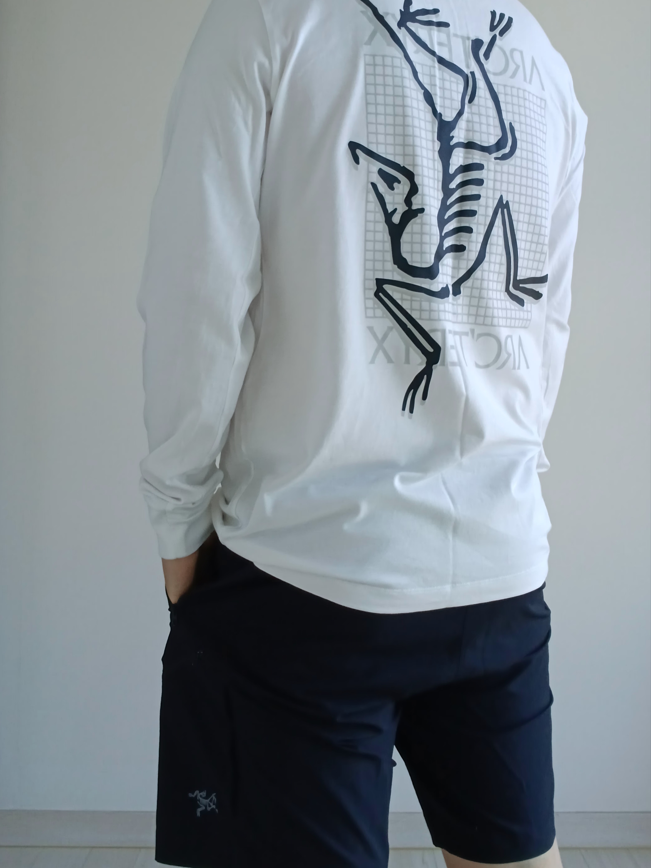 Arc'teryx Arc'Multi Bird Logo LS T-Shirt White Light, Arc'teryx Gamma Quick Dry Shorts 9 Inch Black 착용 스타일 - 2