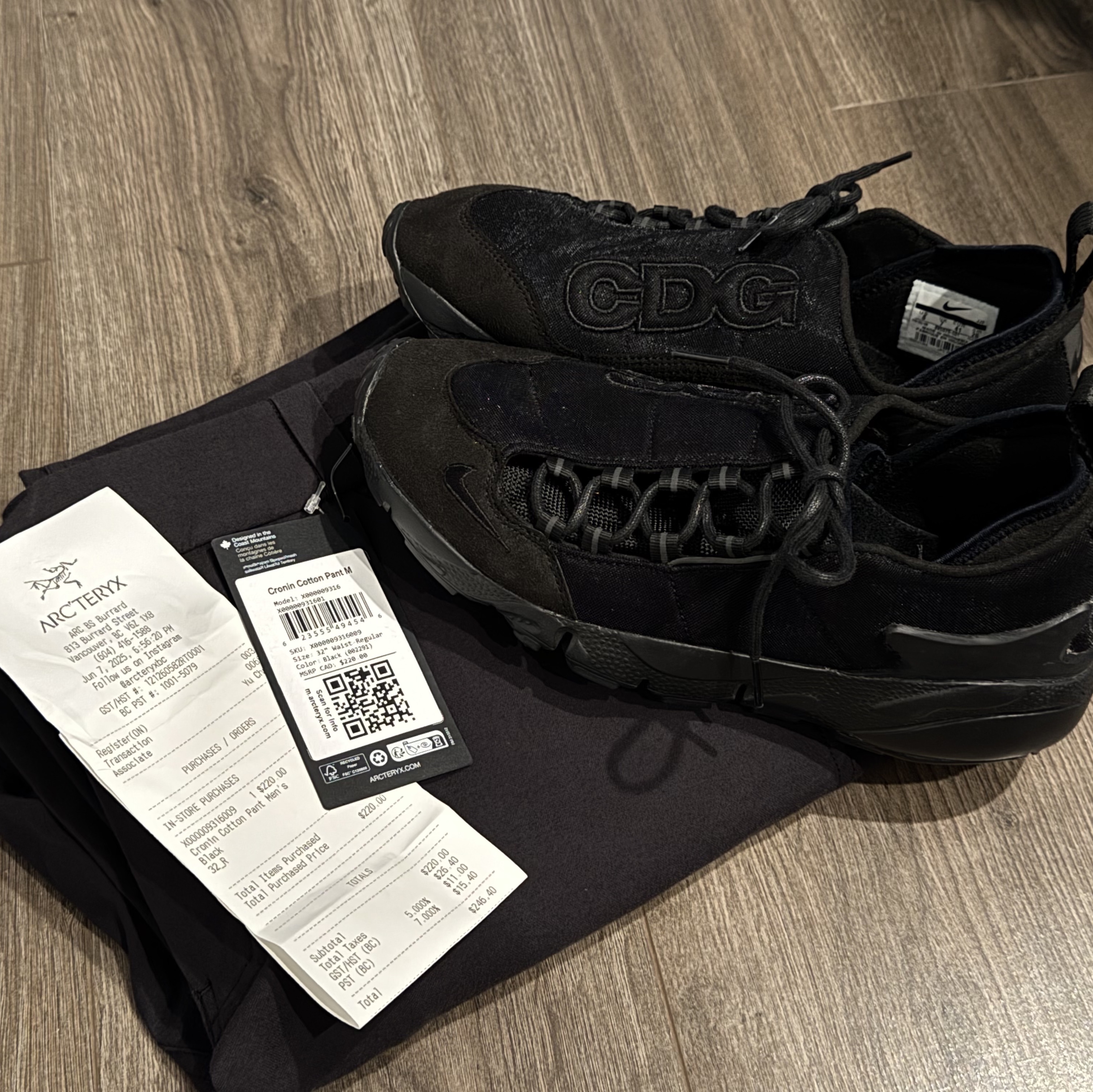 Nike x Comme des Garcons Air Footscape NM Black, Arc'teryx Cronin Cotton Pants Black 착용 스타일