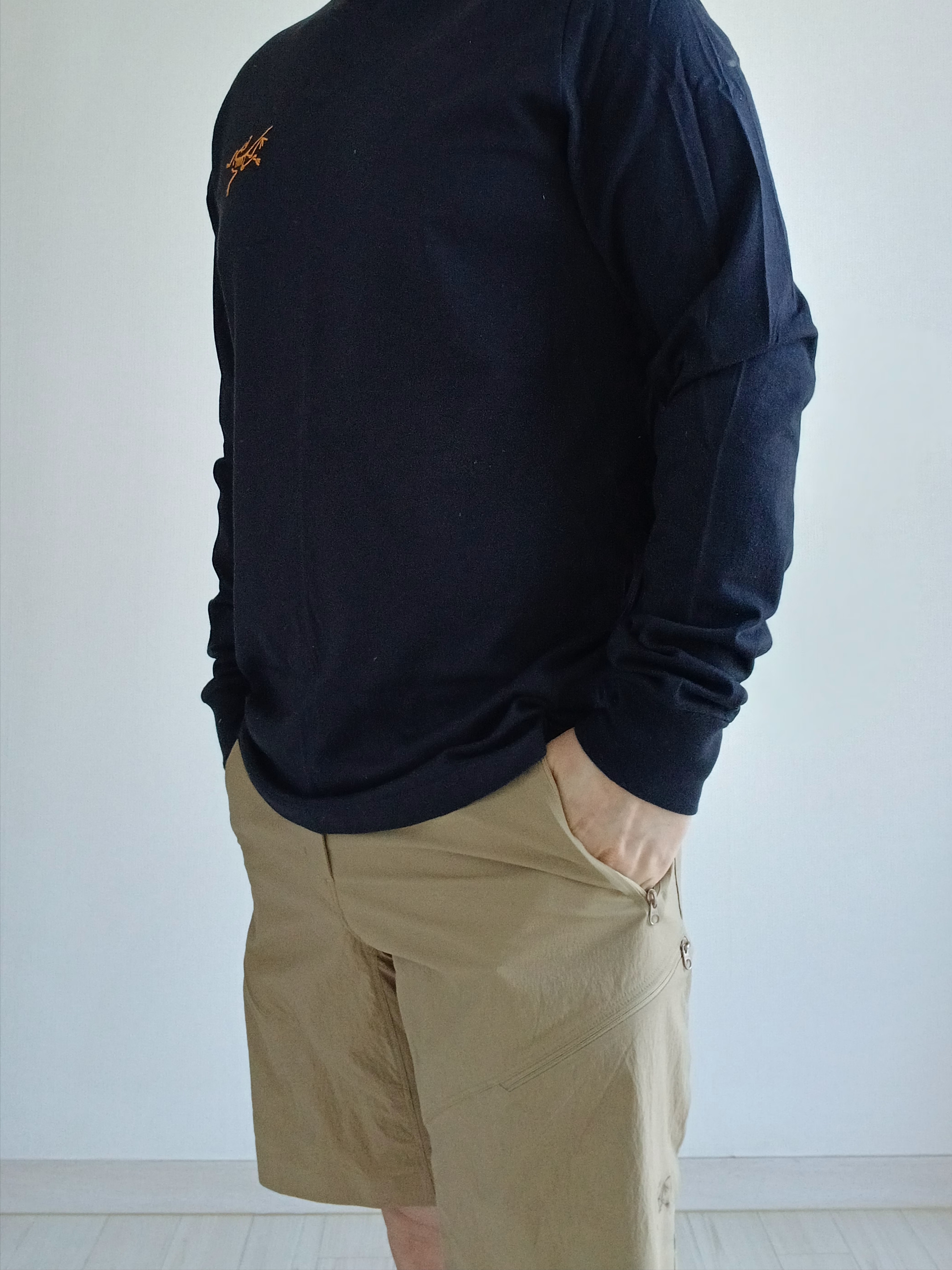 Arc'teryx Arc'Multi Bird Logo LS T-Shirt Black, Arc'teryx Gamma Quick Dry Shorts 9 Inch Canvas 착용 스타일 - 9