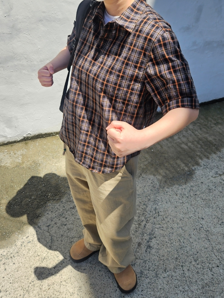 Safarispot Pocket Check Half Shirts Brown 착용 스타일 - 6