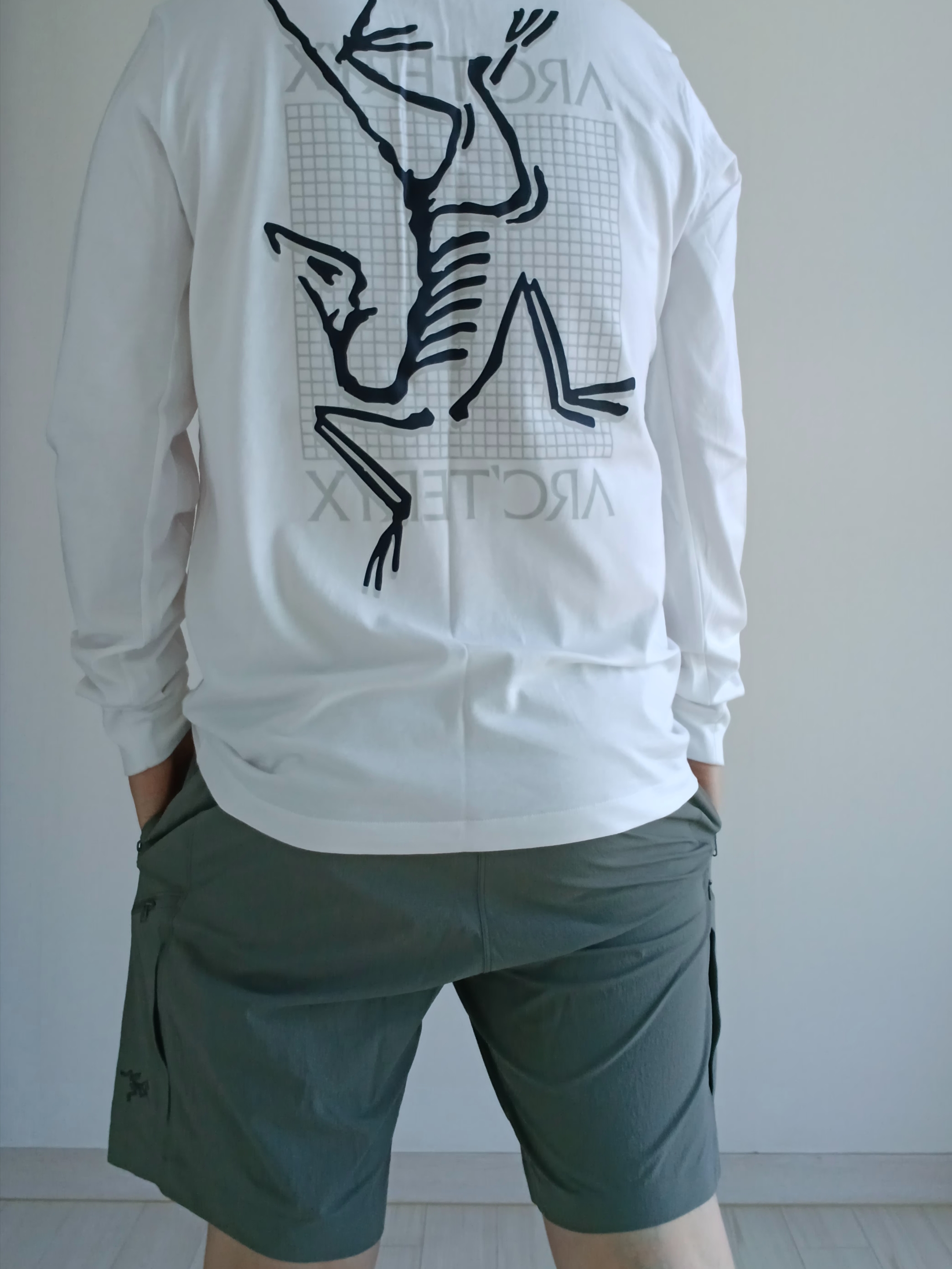 Arc'teryx Arc'Multi Bird Logo LS T-Shirt White Light, Arc'teryx Gamma Quick Dry Shorts 9 Inch Black 착용 스타일 - 9