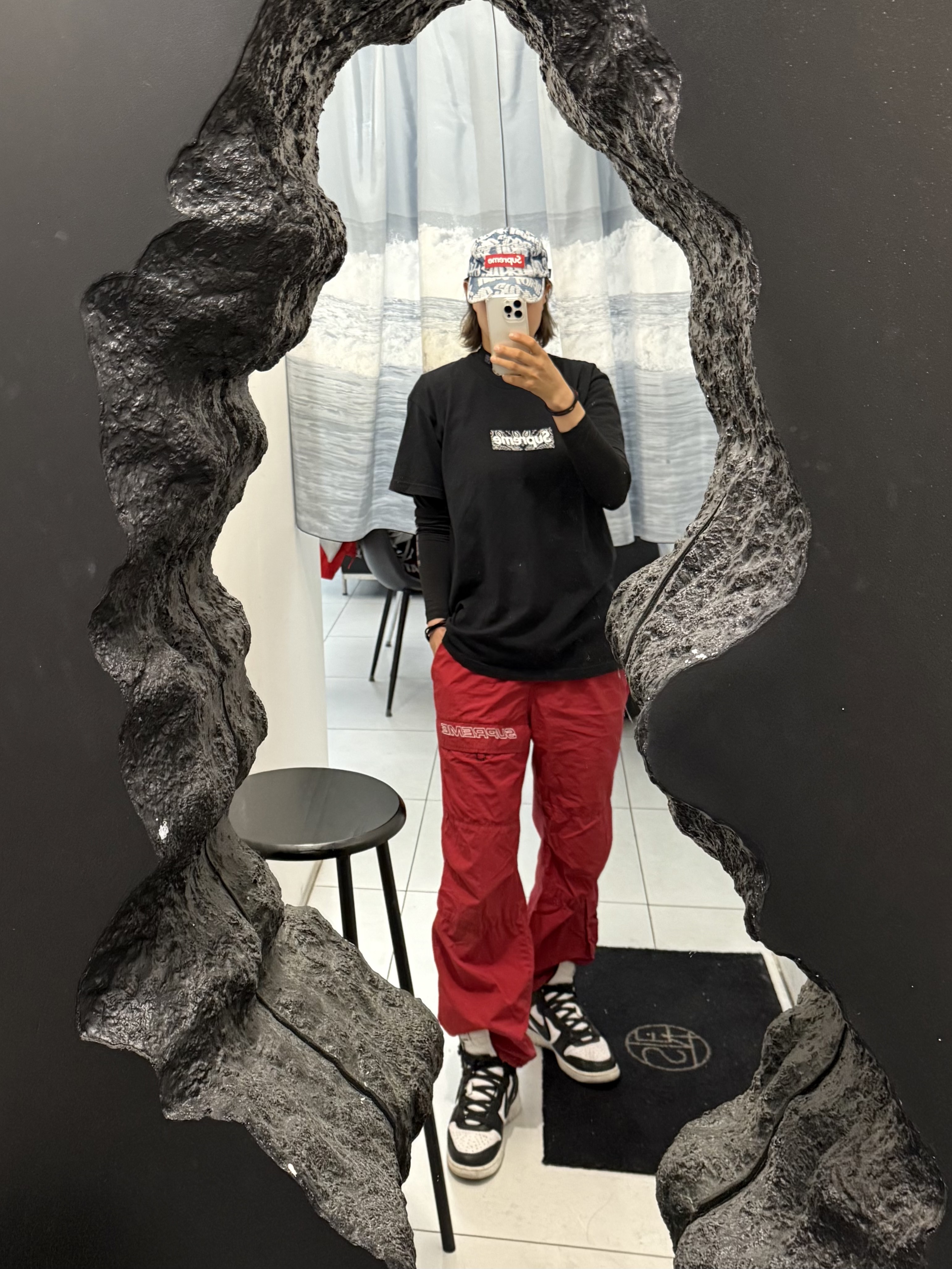 Supreme Fat Tip Jacquard Denim Camp Cap Blue - 22SS, Supreme Cotton Cinch Pants Dark Red - 20FW 착용 스타일